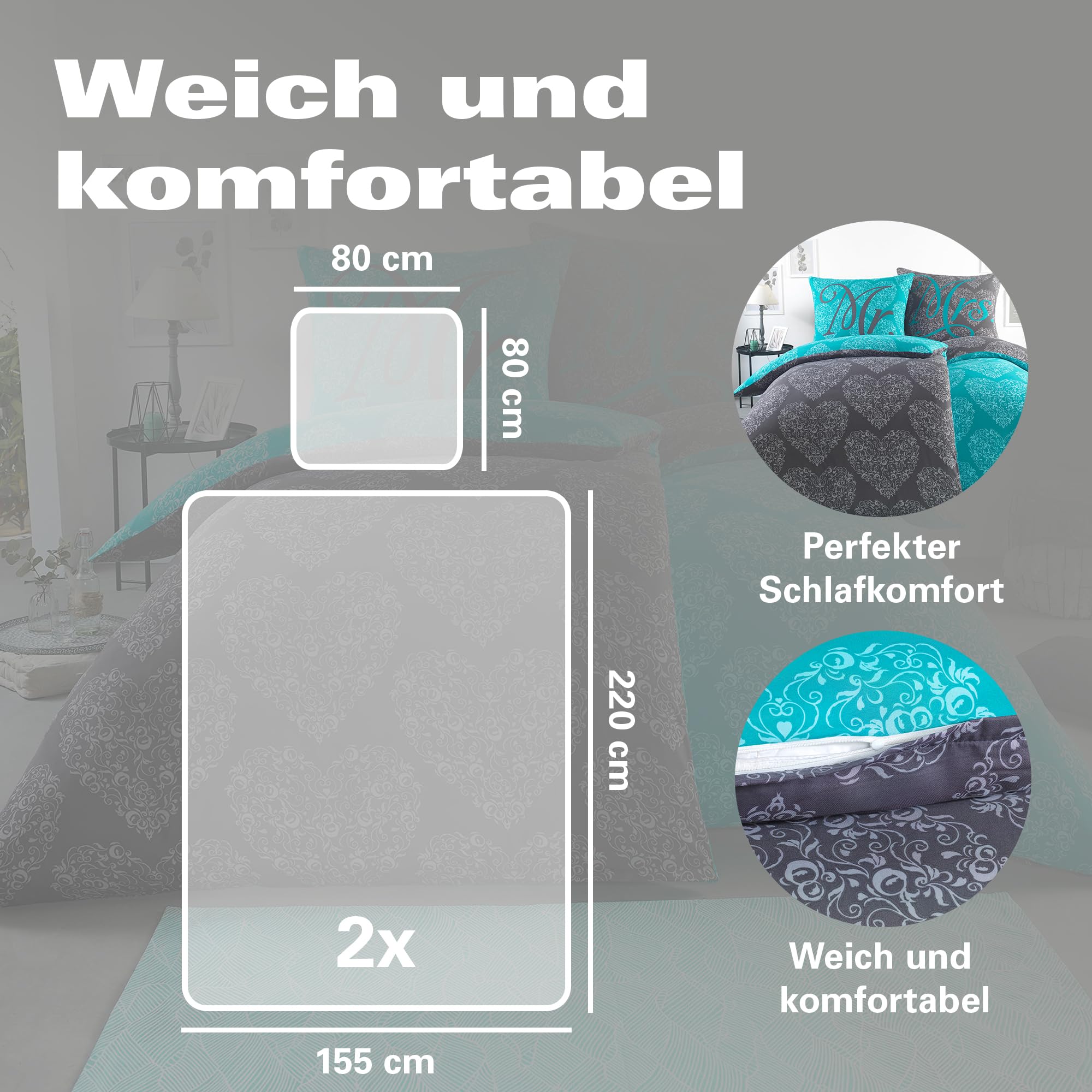 BaSaTex Partner Bettwäsche Set, 2X 155x220 + 2X 80x80, Ornamente | Designed für Paare, Öko_Tex Zertifiziert, 100% Mikrofaser, Atmungsaktiv und Temperaturausgleichend