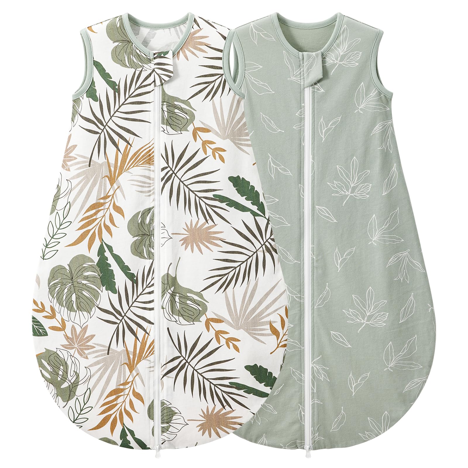 LULUMONKEY Baby Sleeping Bag 0.5 Tog 0-6 Months 2 Pack, 100% Cotton Summer Newborn Sleep Sack Baby Wearable Blanket, Green Leaves