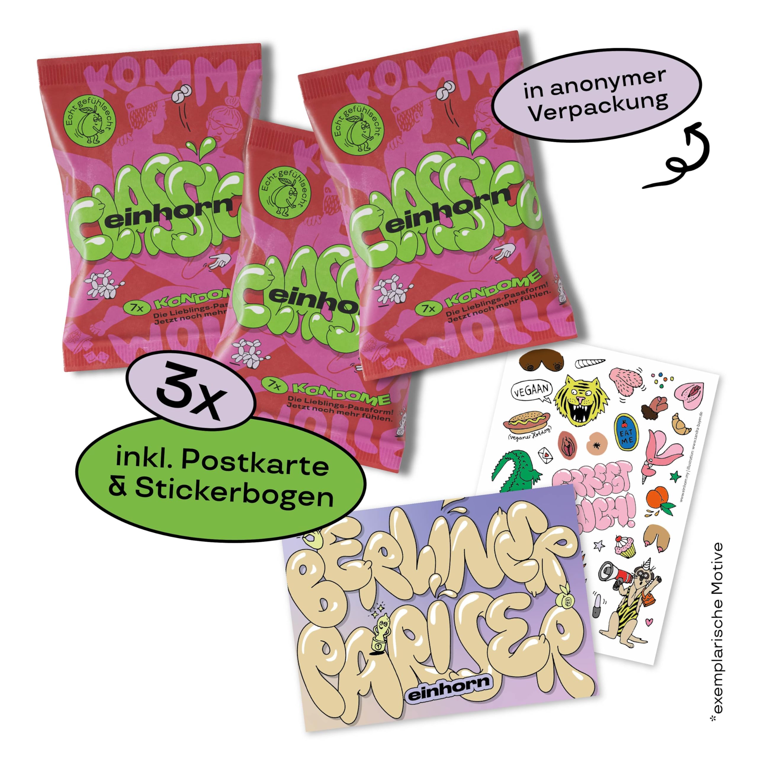 einhorn Kondome I 21 Kondome Monatsration Classico I Standardgröße 54 mm I Überraschungsdesign + Extras I Vegan, Hormonfrei, Feucht, Geprüft