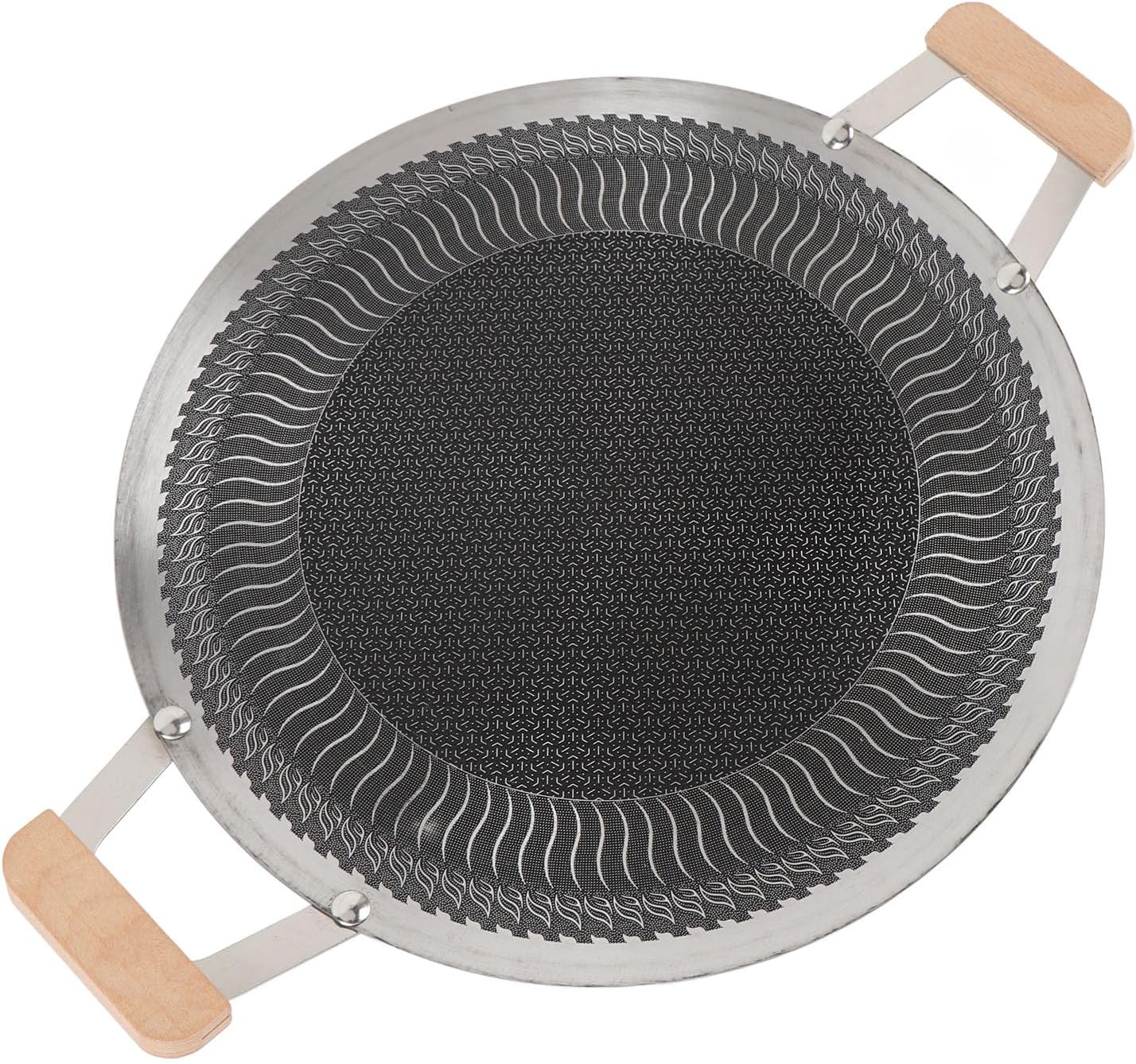 Korean Grill Pan, Stainless Steel Nonstick BBQ Griddle with Wooden Handle, Perfect for Induction Cookers, Gas Stoves, Camping and Outdoor Cooking (38cm)
