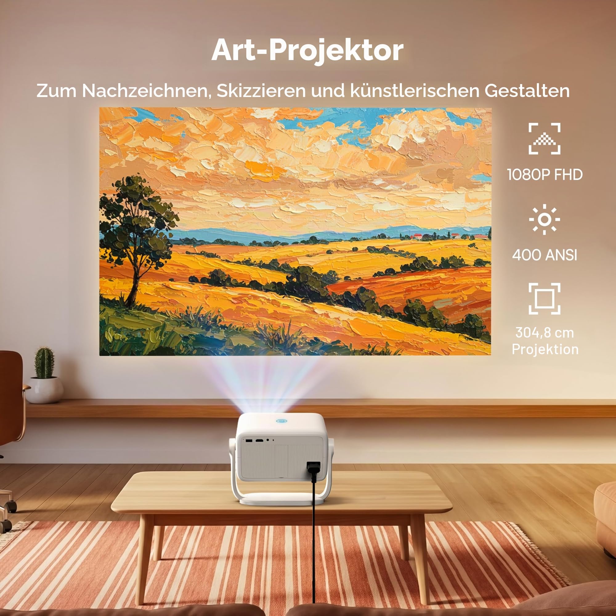 Caydo P3 Kunstprojektor, nativer 1080P Zeichenprojektor für Künstler | Integrierte exklusive Zeichen-App, Autofokus und Trapezkorrektur, 360° drehbarer Standfuß, Projektion von 40″ bis 120″