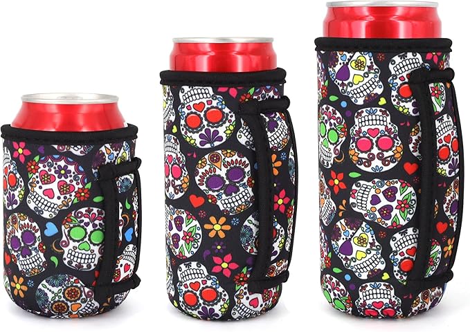 3 Pack Reusable Neoprene Insulated Can Sleeve with Handle for Soda, Energy drink, Pop, Beer, Hard Seltzer, Can Coosies For 12oz & 16oz Can, 12oz Slim can (Floral Sugar Skull(3Pack))