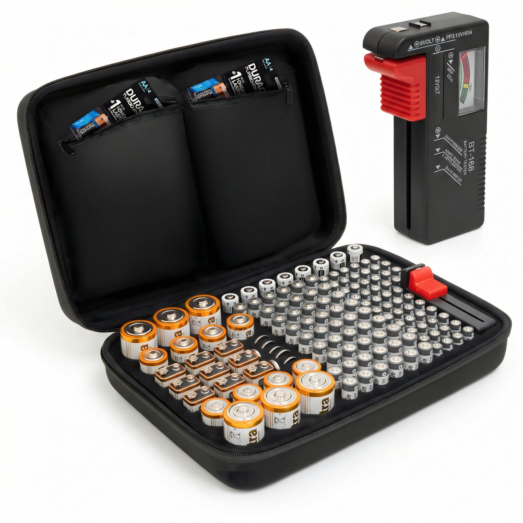 140 Battery Case with Battery Tester | Organiser Storage Case Bag - Large Capacity for AAA Batteries, AA Batteries, 9V Battery Flat, C and D Size Battery (Batteries Not Included)