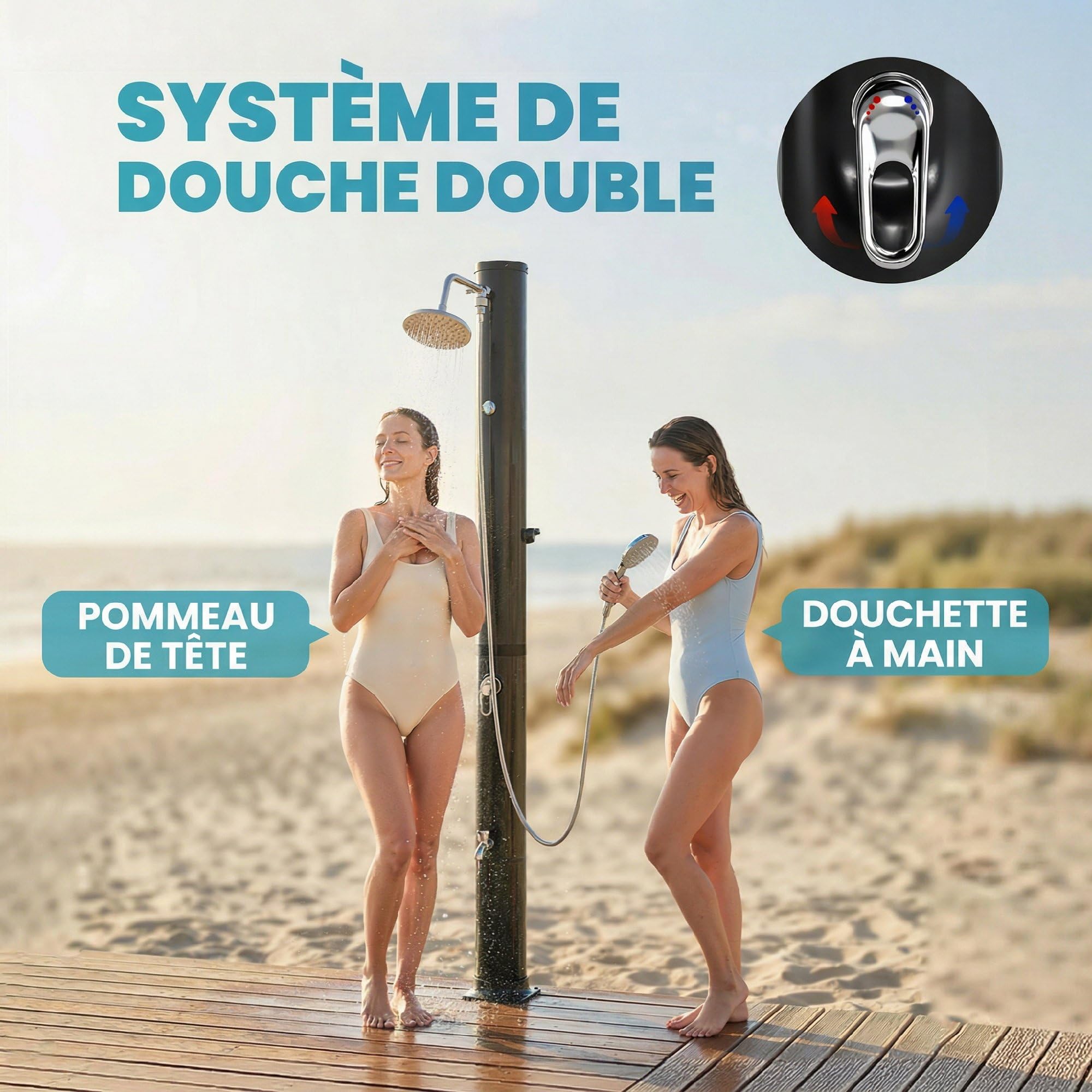 Outsunny Douche Solaire de Jardin 40L avec Douchette à Main et Robinet Lave-Pieds - Douche de Piscine avec Mitigeur Eau Chaude, 218cm de Haut, Pression 3,5 Bar, Matériau Anti-UV, Noir