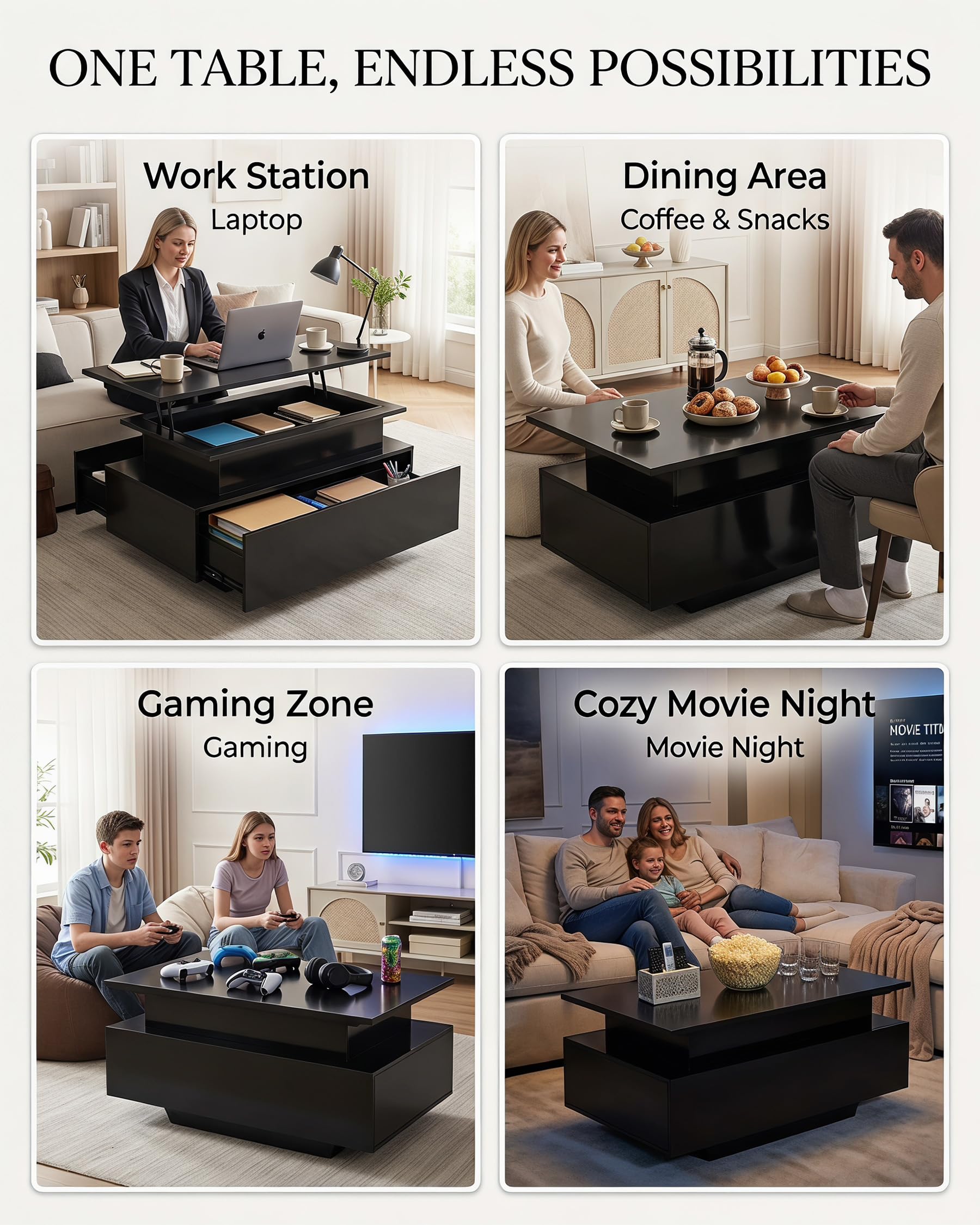 Mesa de Centro Elevable y Extensible Negro con Almacenaje y Luz LED Moderna para Salón