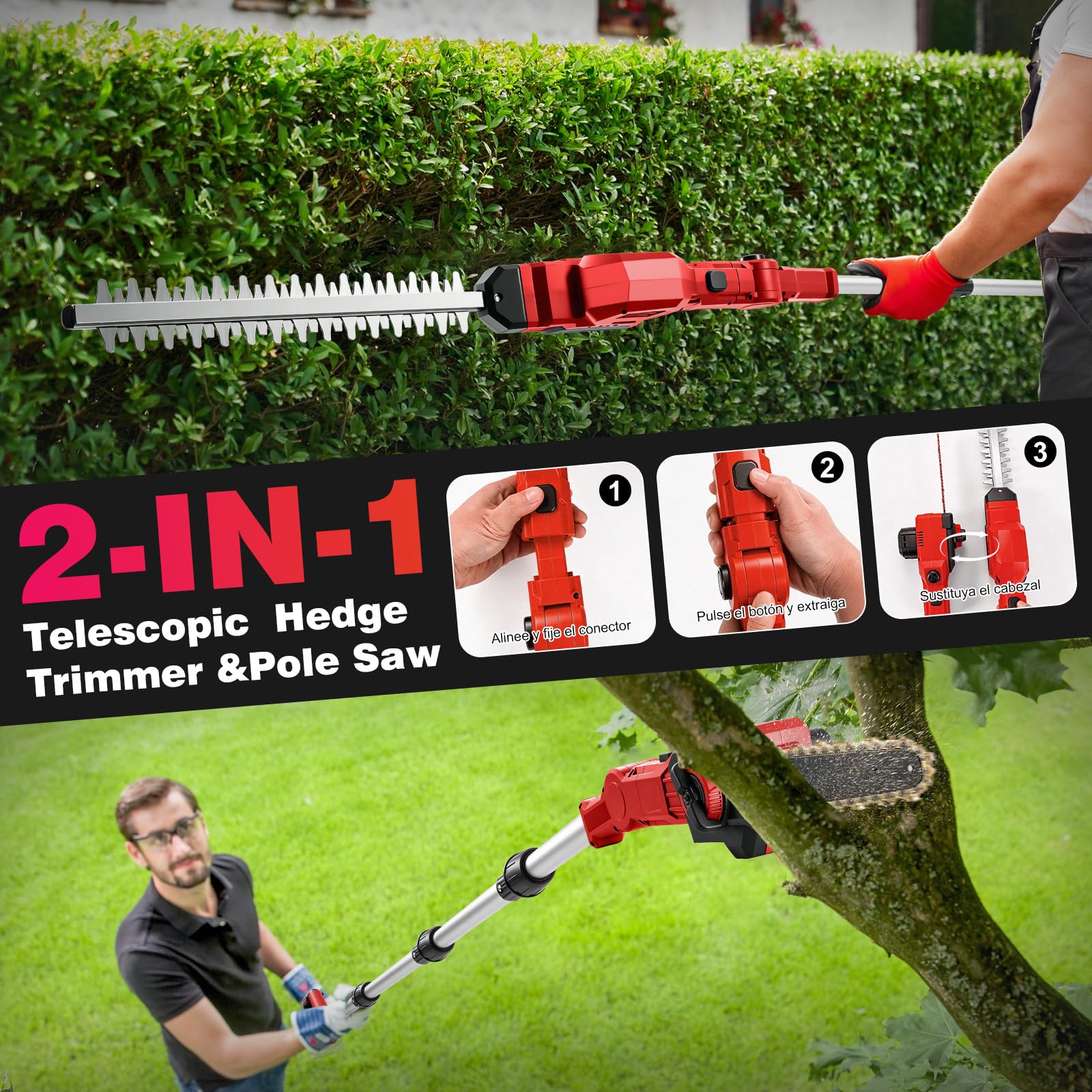 Bezprzewodowa piła do żywopłotu 2 w 1, kompatybilna z akumulatorem Milwaukee 18 V, elektryczną piłą łańcuchową 20 cm, przedłużaczem 40 cm, trymer do żywopłotu do krzewów, drzew, kończyn i gałęzi (bez