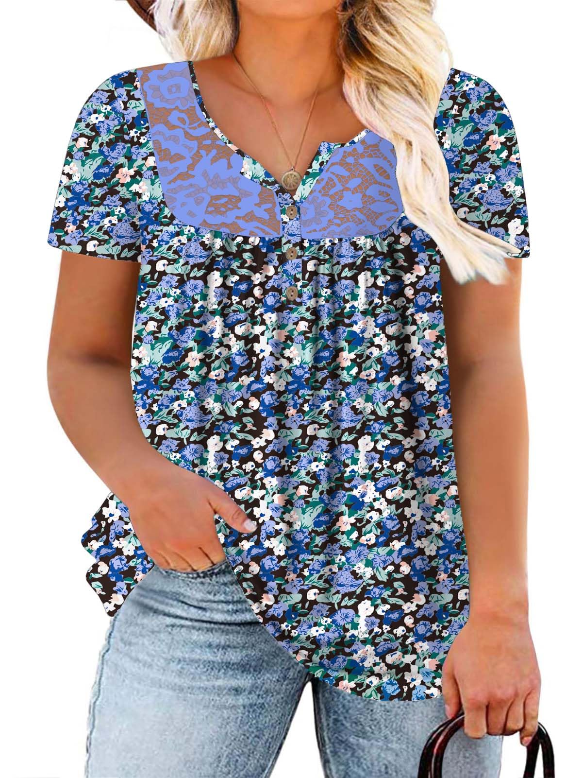 VOGRACE Plus Size Tops for Women Short Sleeve Henley Shirts Lace Loose Fit Pleated Flowy Buttons Up V Neck Tunics