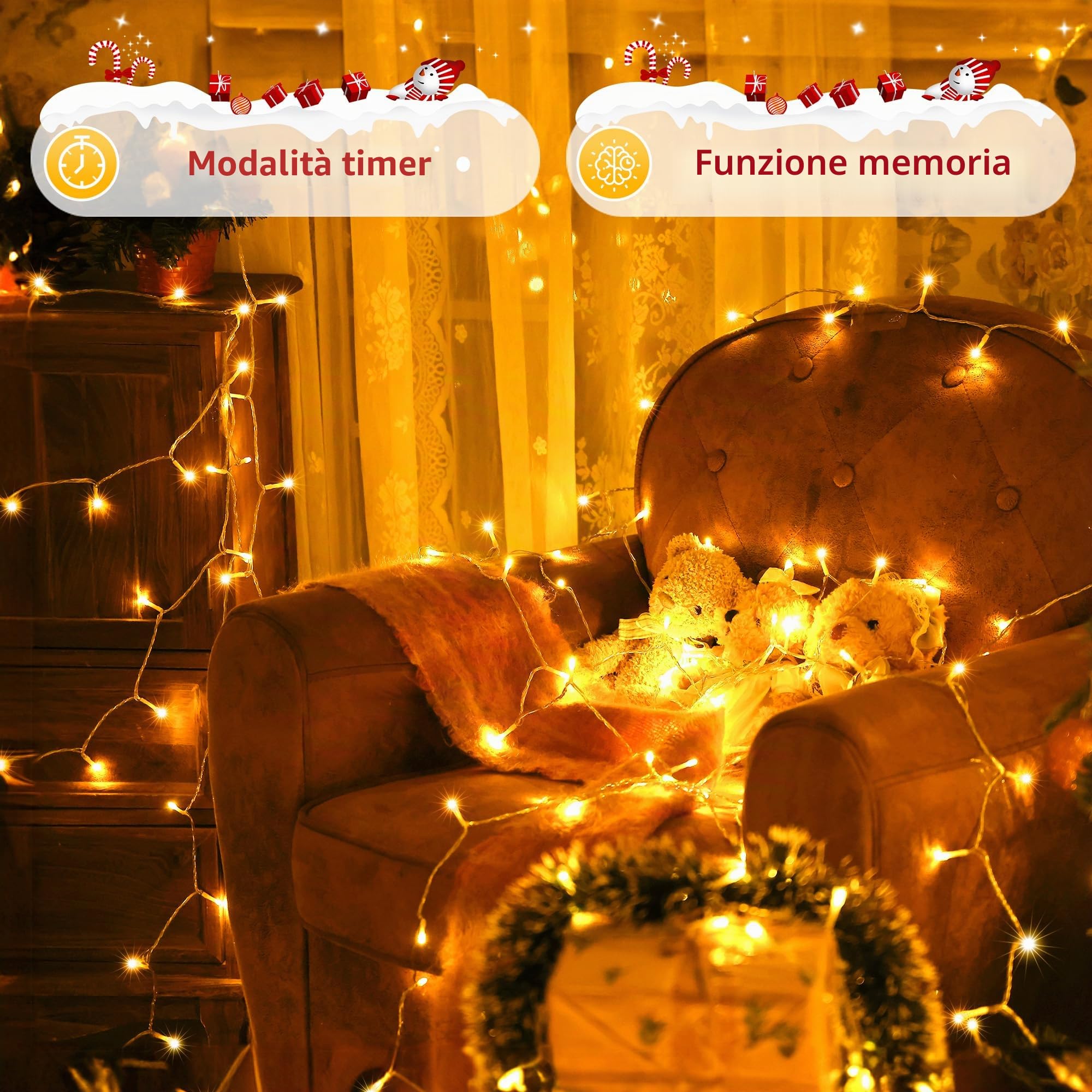 Auriostar Luci Natale Esterno 40m 400LEDs, Impermeabile IP44 Catena Luminosa Esterno, 8 Modalità Luci LED per Interno/Esterno Decorative Natalizie Albero di Natale Nozze Compleanno (Bianco Caldo)