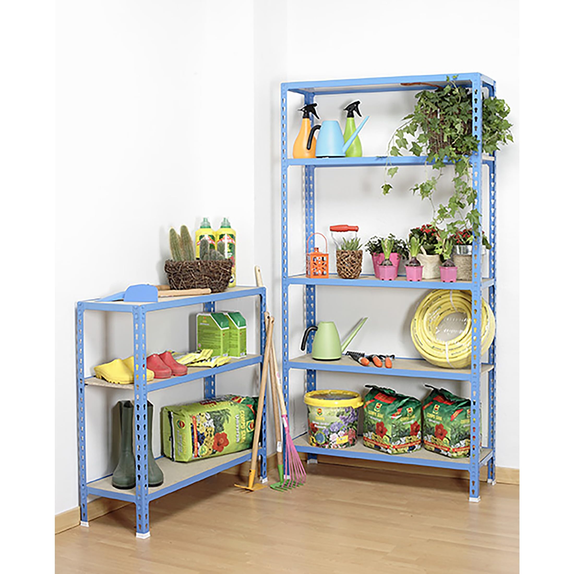 Simon Rack Scaffale Metallo Garage e 6 Ripiani, Capacità di Carico 150 kg e Punto di Flessione, 2500x900x300 mm, Metallo, Scaffalatura per Garage, Blu/Legno - Maderclick