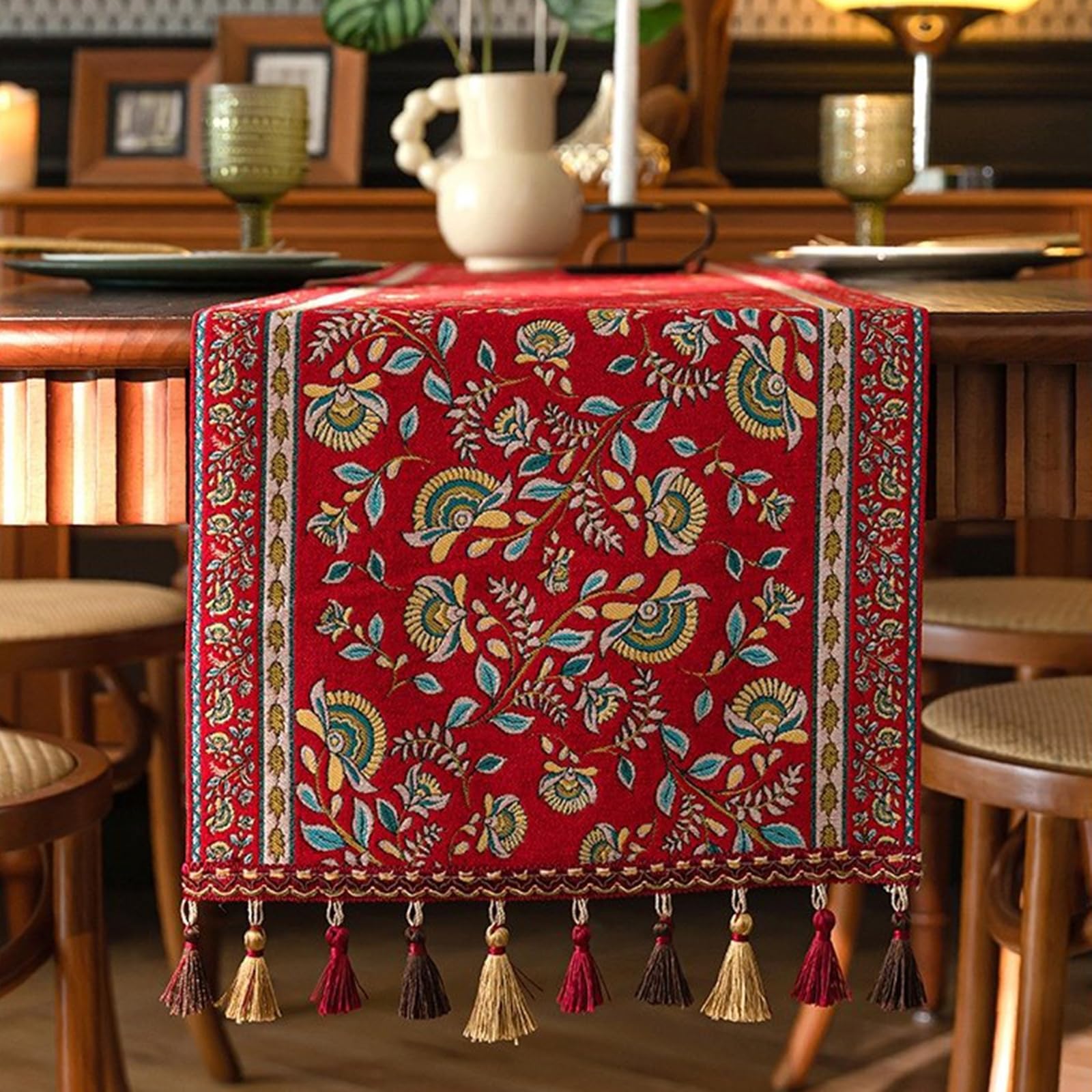 Camino de Mesa Decorativo para Mesa Comedor Poliéster, Caminos de Mesa Moderno 35x270 cm, Jacquard de Hojas Y Flores con Borlas