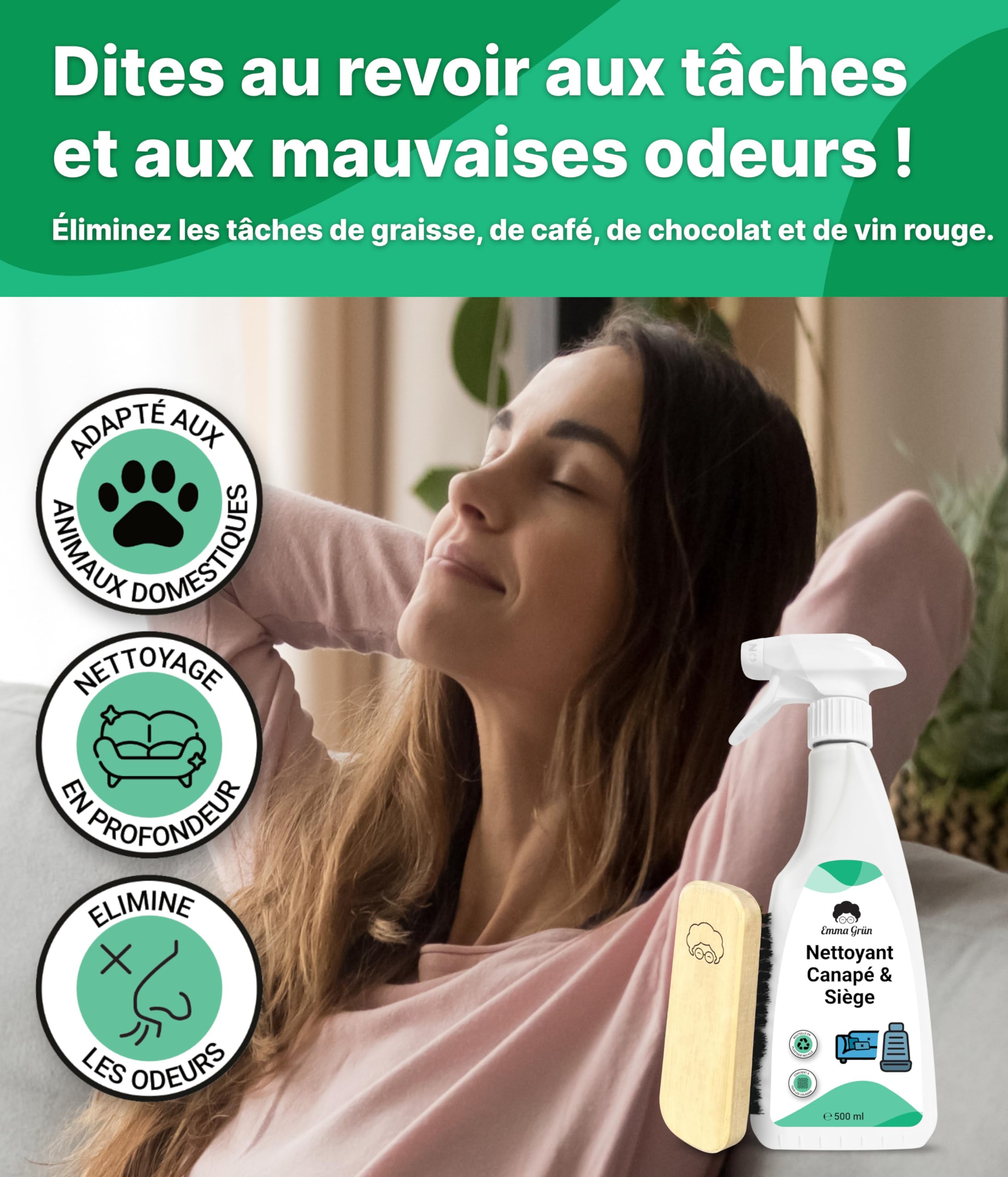 Nettoyant Premium pour Canapés & Sièges Auto, Nettoyant Durable pour Canapés 500ml, Nettoyant pour Canapés & Meubles Rembourrés avec Brosse, Emma Grün Détachant Canapé d'Allemagne
