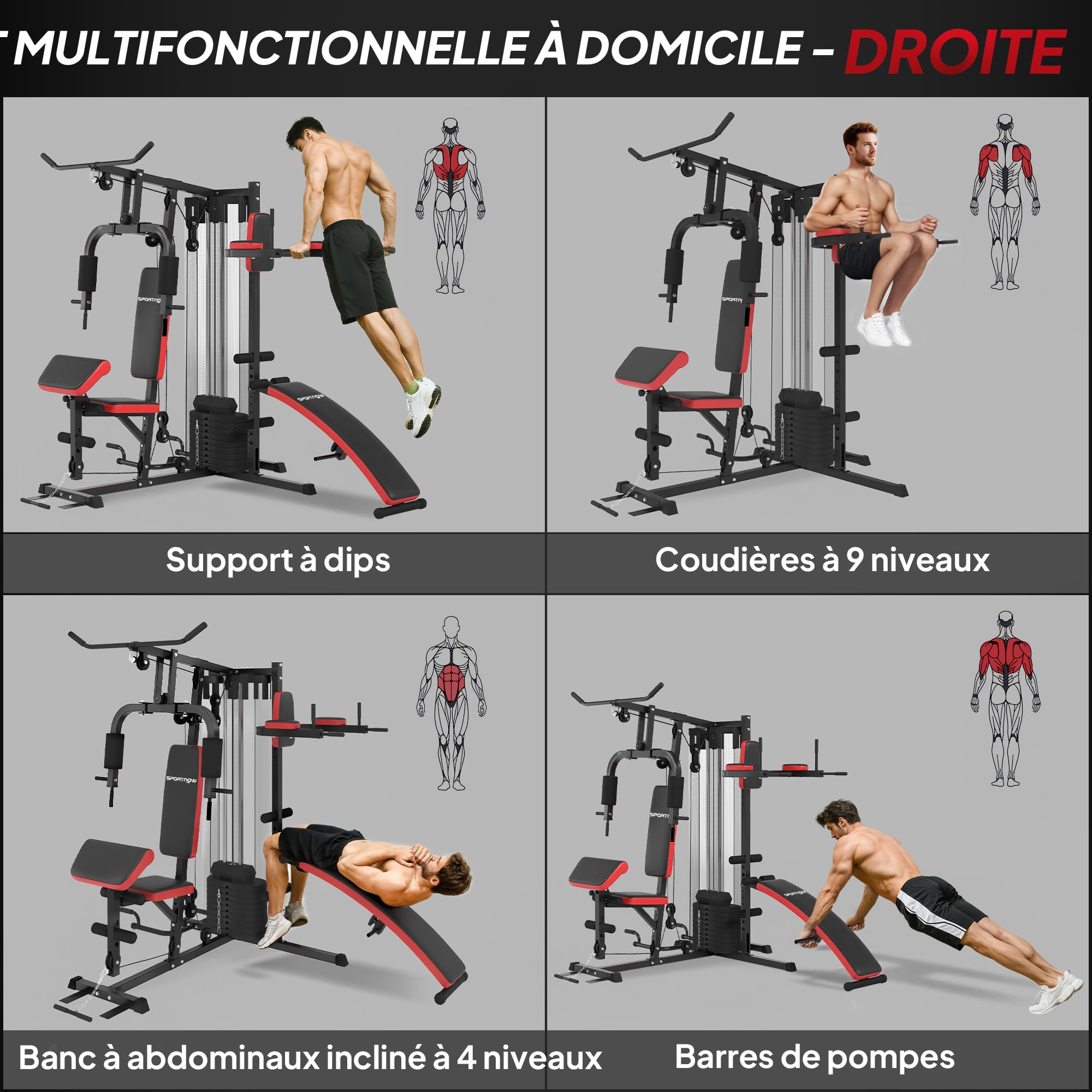 SPORTNOW Station Multi Gym avec Poids de 65 kg, Équipement de Musculation avec Banc pour Abdominaux, Support pour Pompes, Station de Dips, Réglable, pour Entraînement Complet
