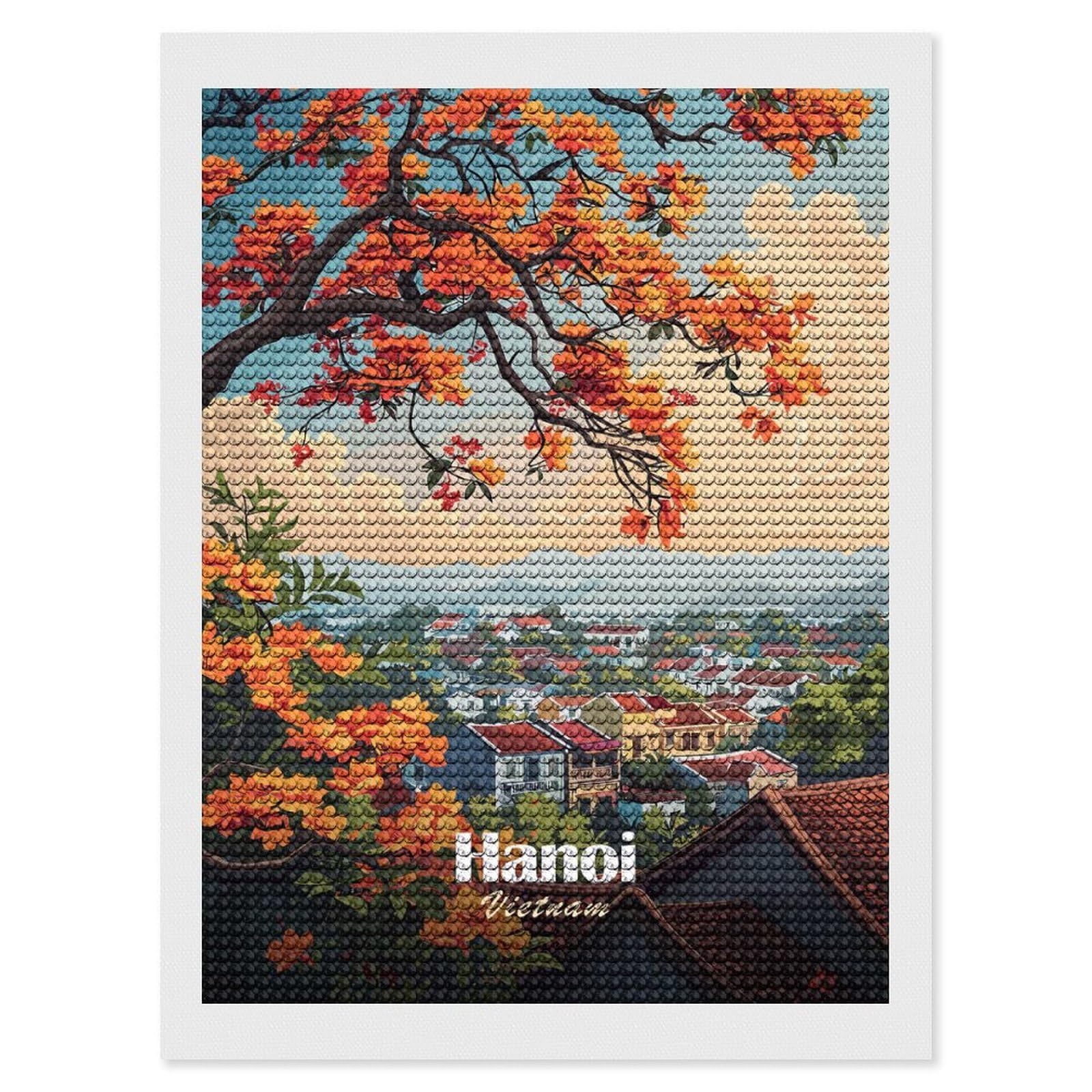 Junmoney Hanoi, Vietnam Cityscape with Orange Flowers DIY Diamond Art Canvas Kit 12"x16", Farmhouse Decor, Vintage Style Decor, Handmade Wall Decor, Canvas Picture