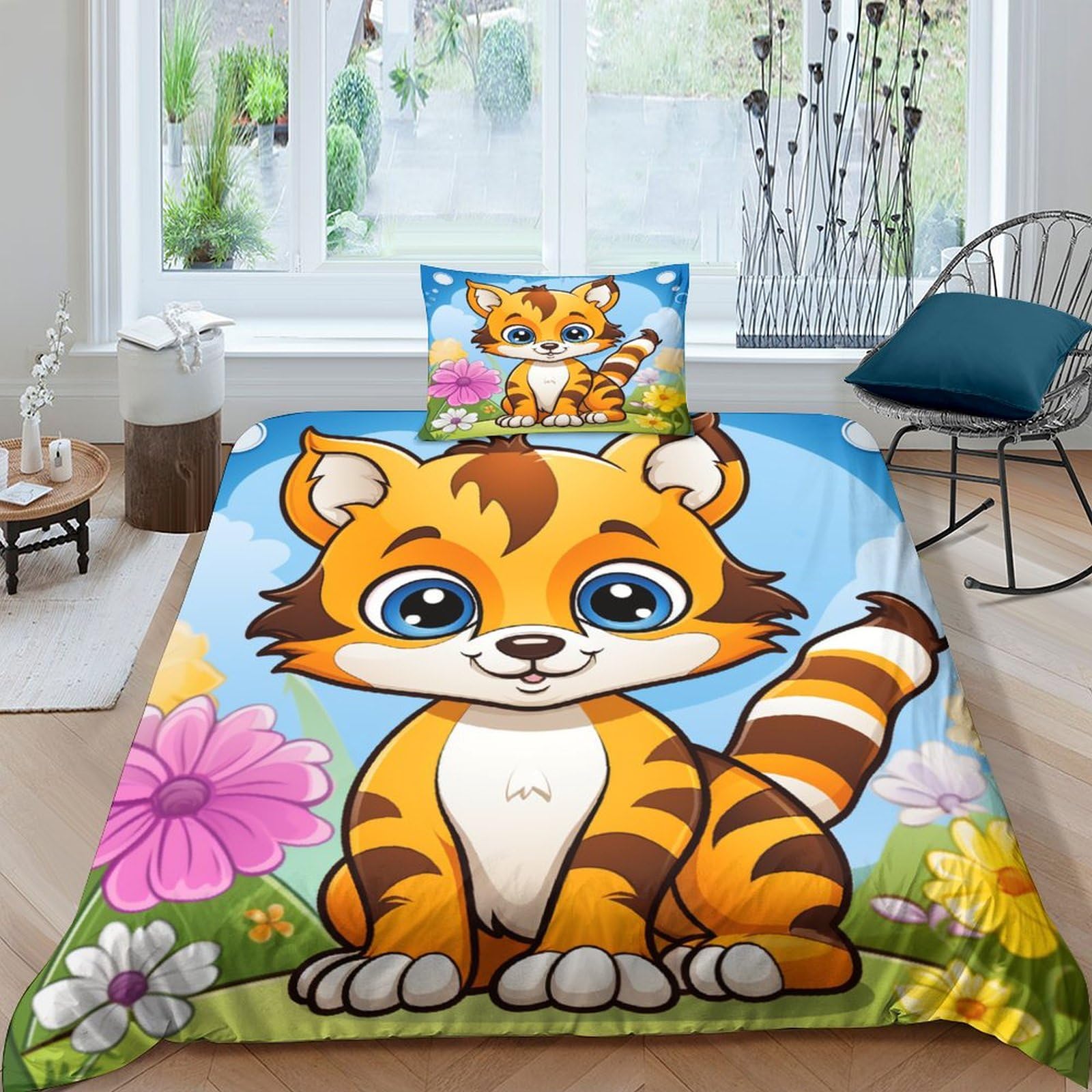 Housse de couette tigre 3D pour chambre d'enfant avec parure de lit 2 pièces en microfibre douce