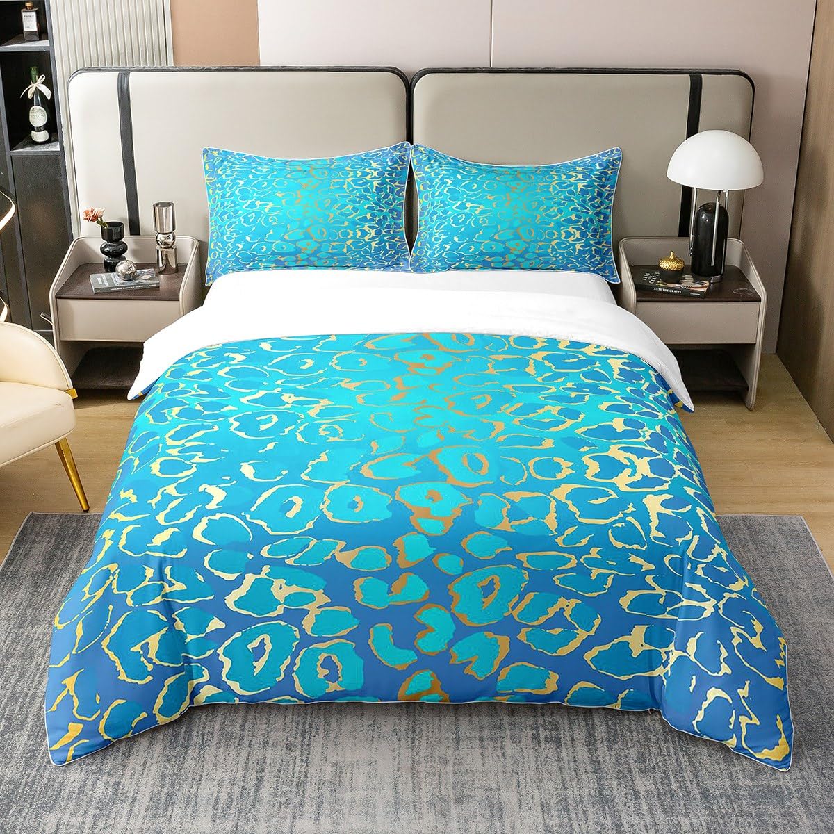 Homewish 100 Percent Cotton Teal Leopard Duvet Cover,Cheetah Print Bedding Set Super King,Blue and Gold Animal Print Comforter Cover,Geometric Grunge Golden Sequin Bed Sets with 2 Pillow Cases — image 1