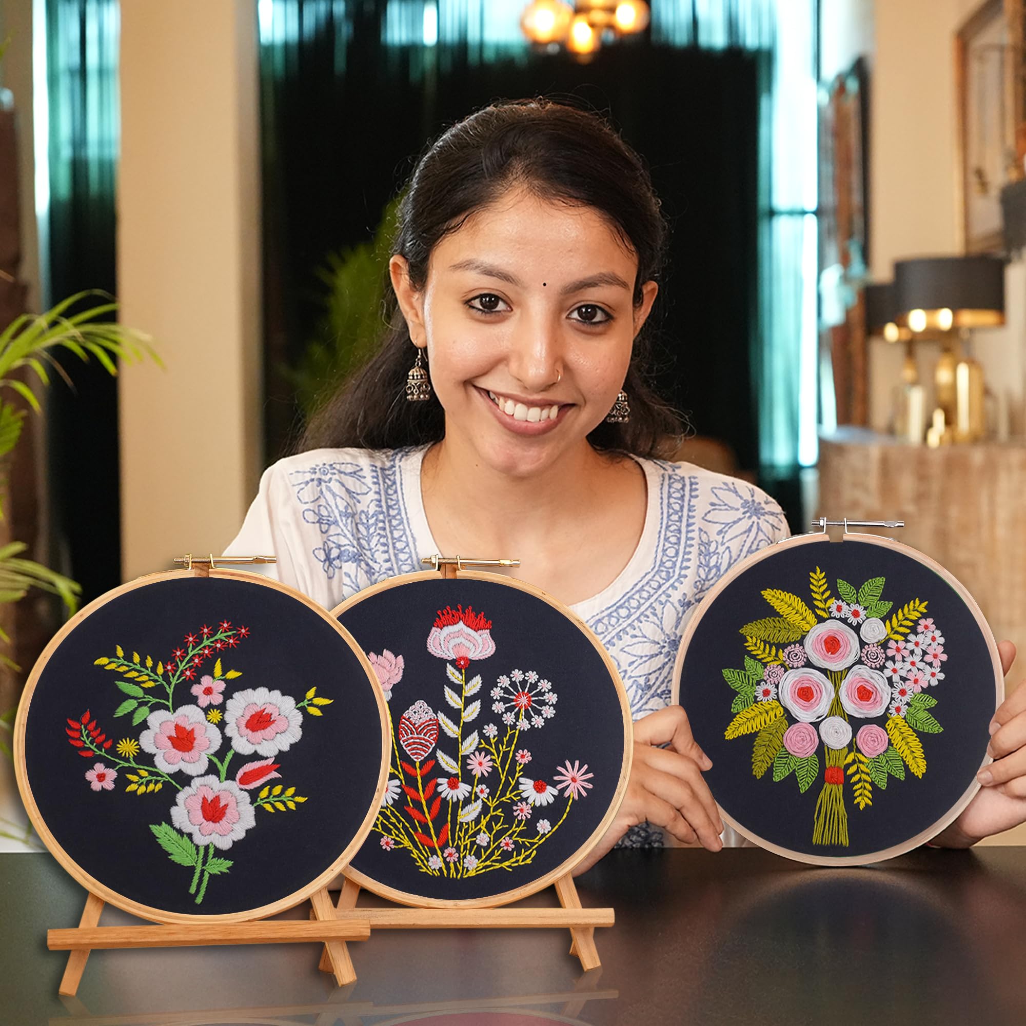 EmbroideryMaterial Combo of 3 DIY Floral Embroidery Kits for Beginners | Hand Embroidery Kit with Printed Fabric, Hoop, Needles, Threads & Instruction Sheet | Craft Kit for Adults & Kids (Black Fabric) 3