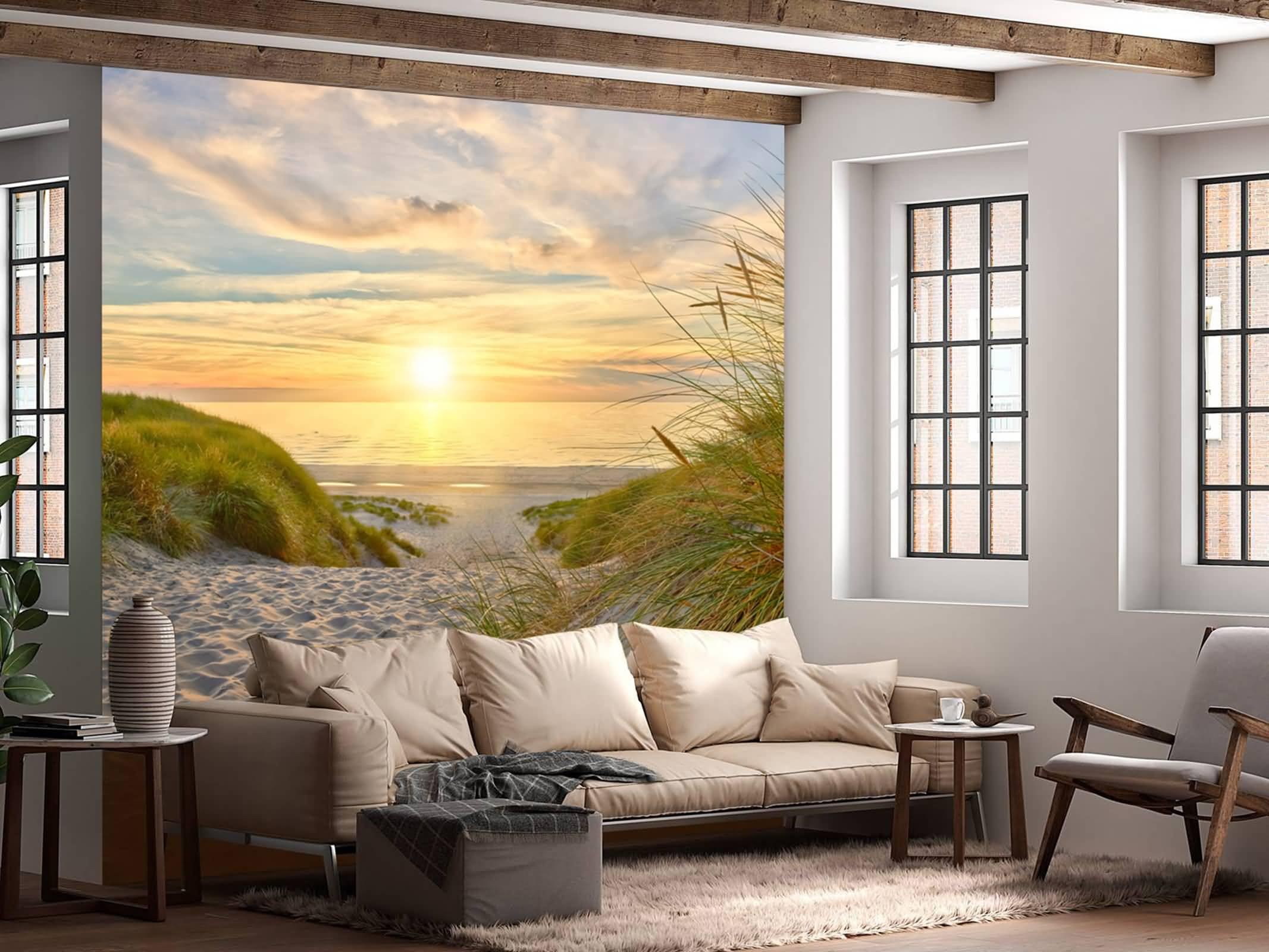 Musihy Tapisserie murale - Motif paysage de mer - 300 x 256 cm - Scène de coucher de soleil sur la mer - Pour salon, décoration d'intérieur - Jaune/vert/beige