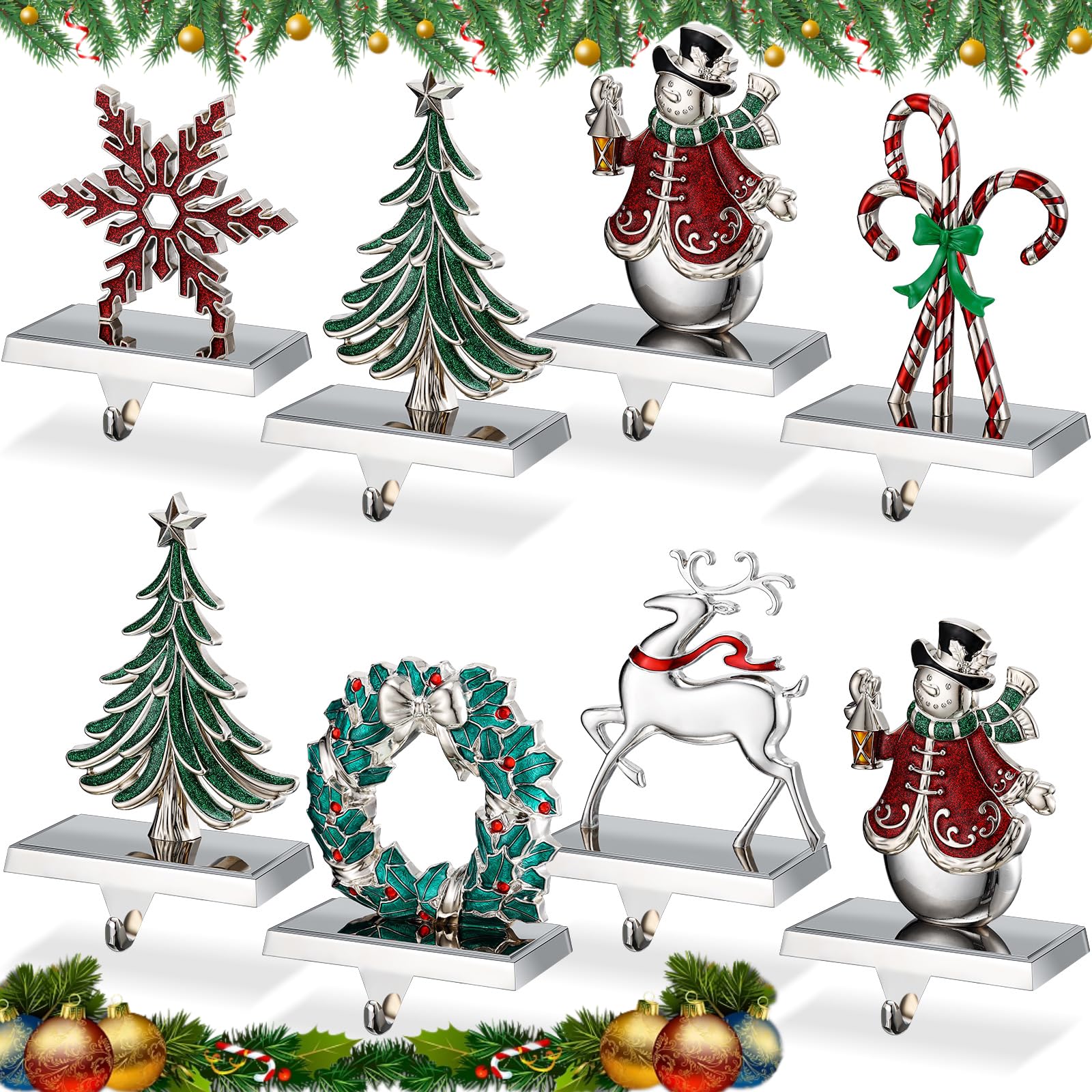 Therwen Set of 8 Christmas Stocking Holder Fireplace Stocking Hooks Mantel Snowman Snowflakes Xmas Tree Deer Christmas Hooks Decoration for Fireplace Shelf Staircases Party(Fresh)