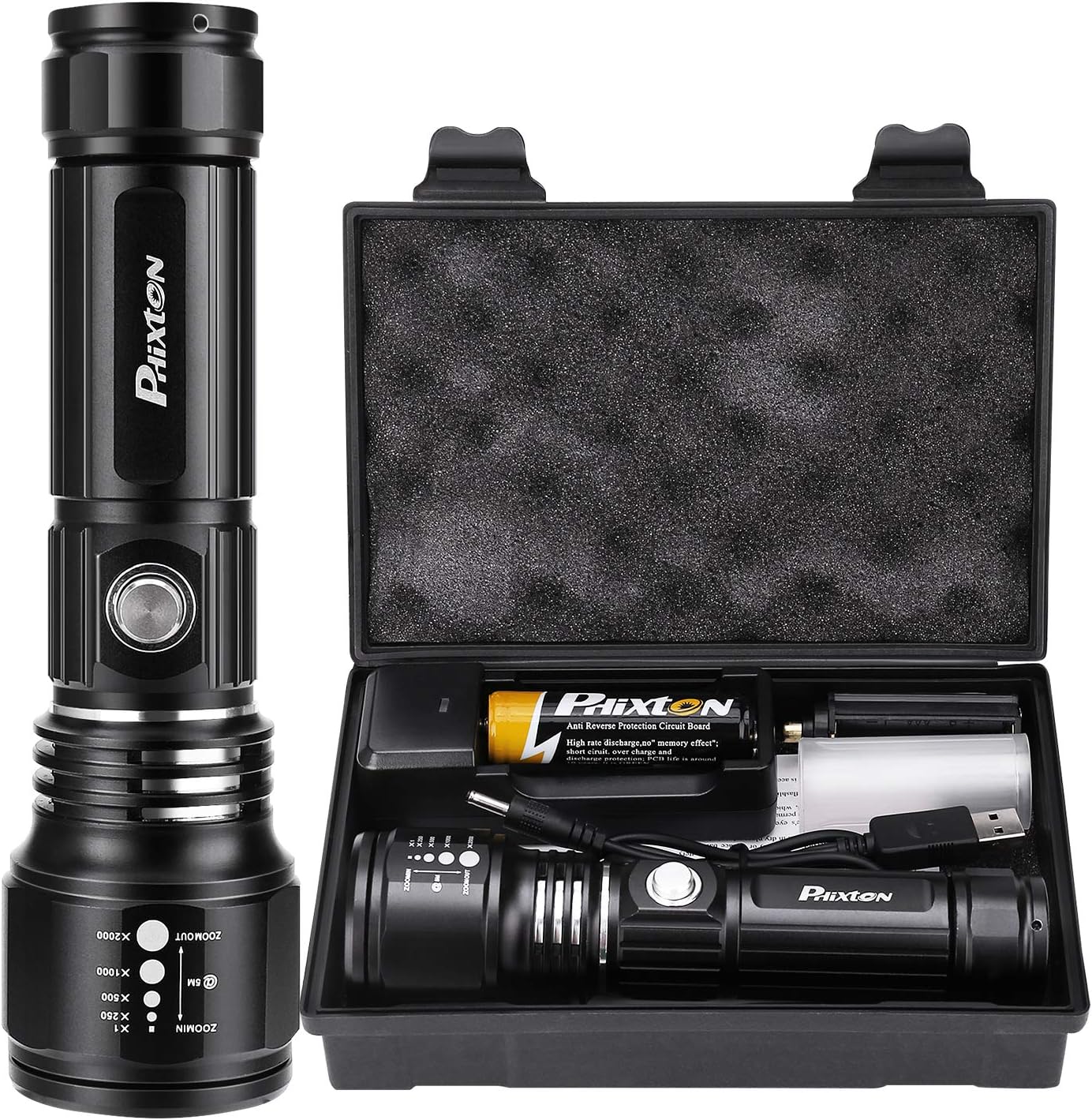 Super Bright Rechargeable LED Torch 1000 Lumen XM L2 Tactical Big Flashlight With High Power 5000mAh 18650 Lithium ion Battery Charger USB Cable Gift Box Zoomable 5 Modes Security Camping Hiking Light