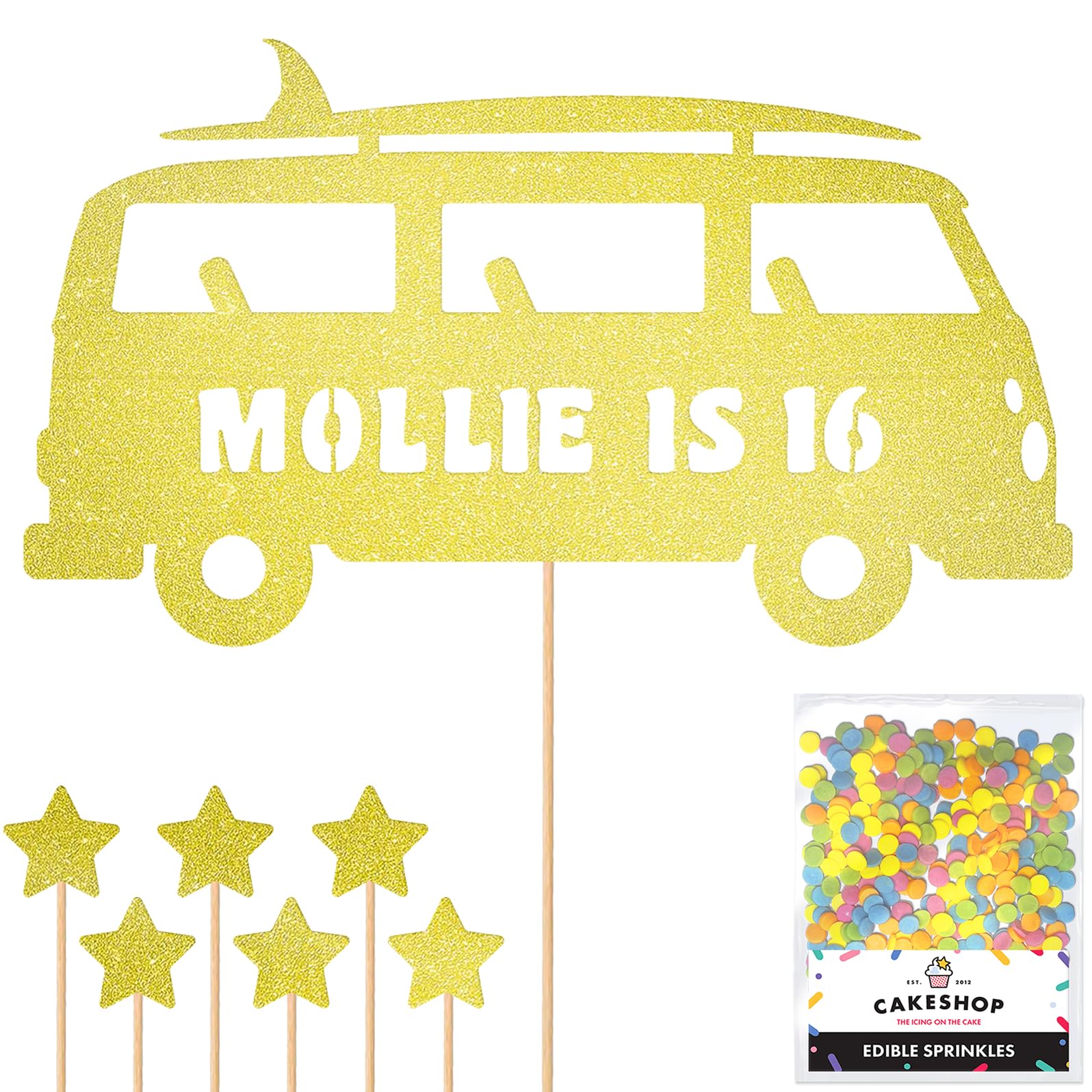 Personalised 60's Camper Surfer Glitter Cake Topper Champagne Any Custom Age & Name Glitter Cake Decoration and Sprinkles - Happy Birthday Decorations - Personalised Toppers for Cakes by Cakeshop — image 1