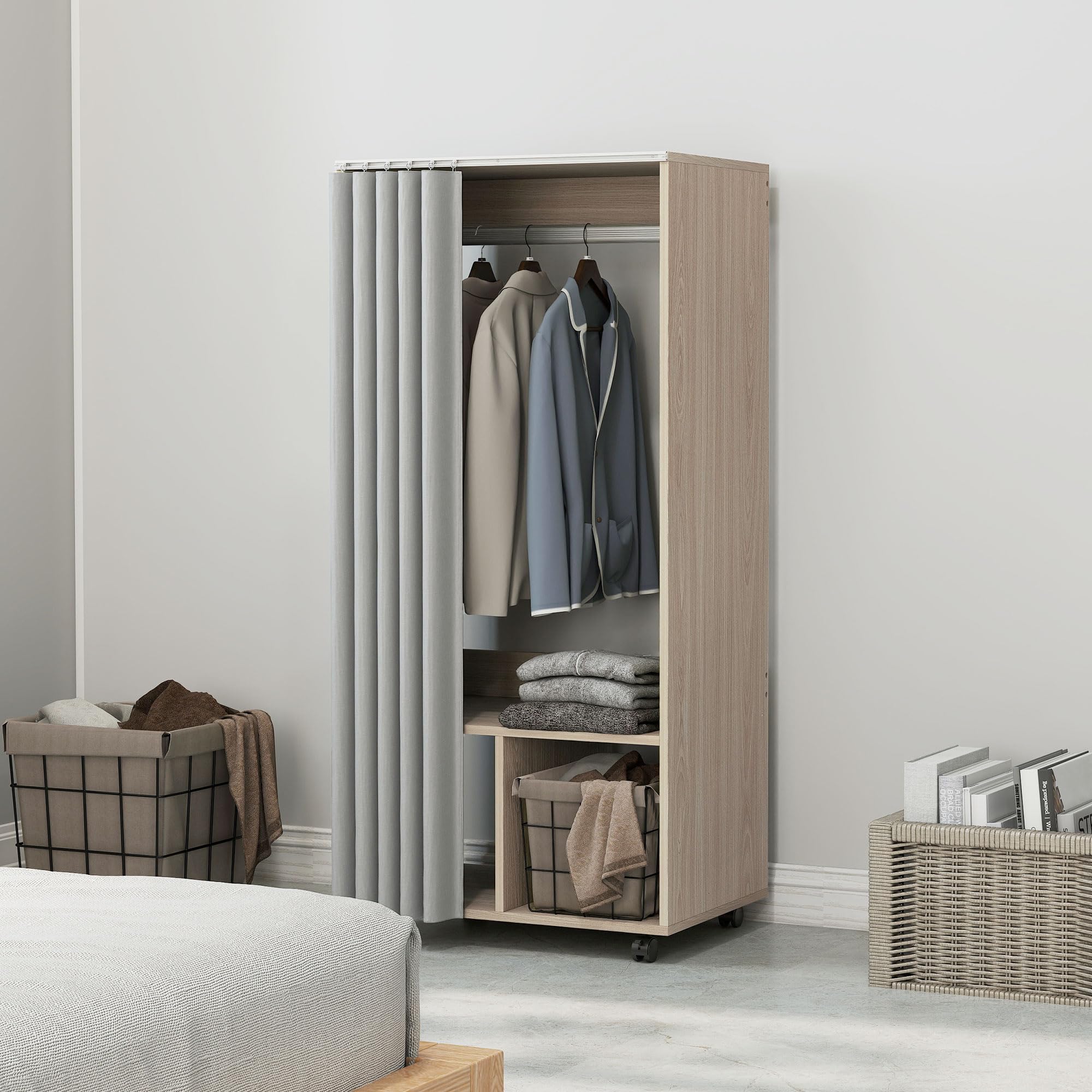HOMCOM Armoire penderie mobile dressing avec rideau armoire de rangement 4 roulettes avec tringle de suspension et étagères, penderie vêtement roulant pour chambre, 60 x 40 x 128 cm effet bois naturel