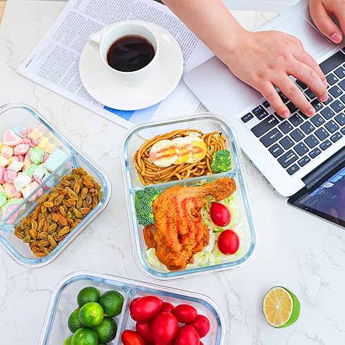 Miniatura 4 de Moretoes 5 recipientes de vidrio de almacenamiento de alimentos de 35 onzas, 2 compartimentos de control de porciones con tapas de bloqueo a presión