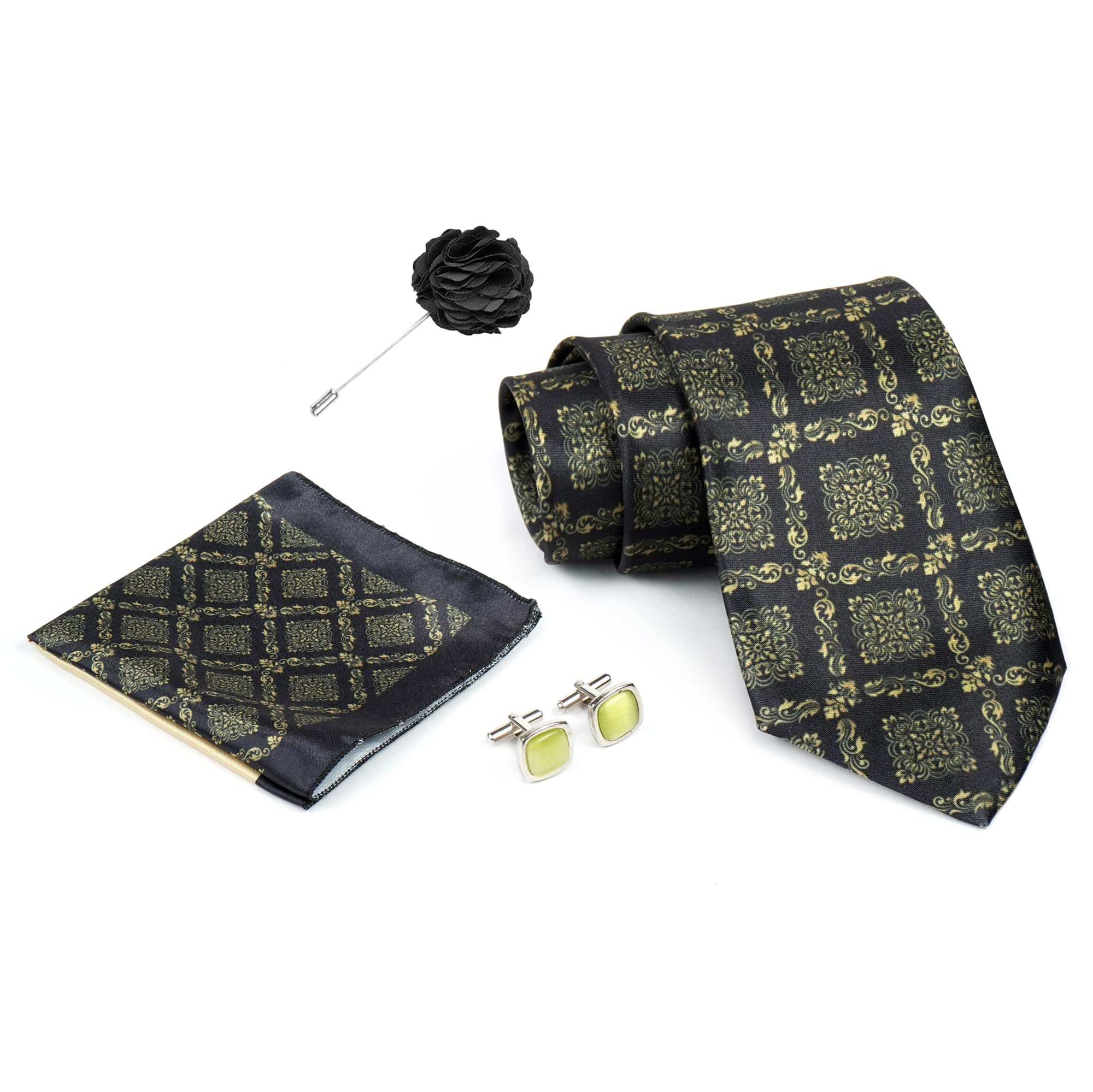 Black Green Mens Paisley Micro Print Silk Necktie Gift Set With Pocket Square Cufflinks & Brooch Pin Formal Tie With Wooden Box Free Size | (Wooden Gift Box) (Pack of 4) (RPL_14)-image-26