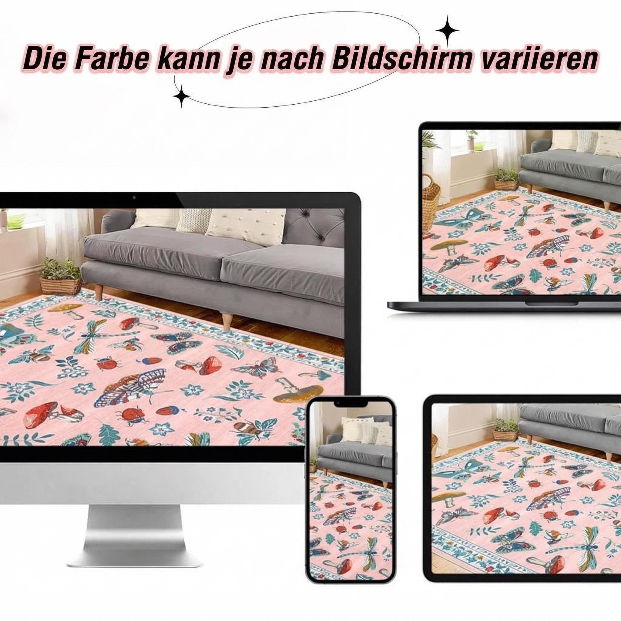 CAROMIO Wald Teppich Kinderzimmer 200x290 cm Kurzflor Waschbar Altrosa