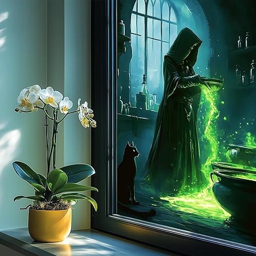 Miniatura 3 de Película de Halloween para ventana de 31 x 47 pulgadas, calcomanía de bruja para ventana de Halloween, poción de adherencia verde brillante, gato