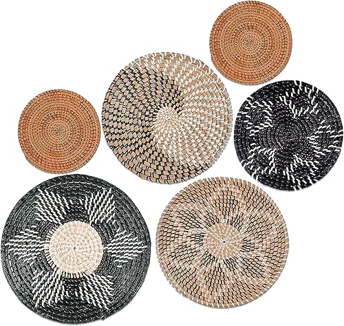 Juego de 6 cestas de pastos marinos tejidas para colgar, hechas a mano, decoración de pared bohemia rústica o cestas de almacenamiento tejidas,