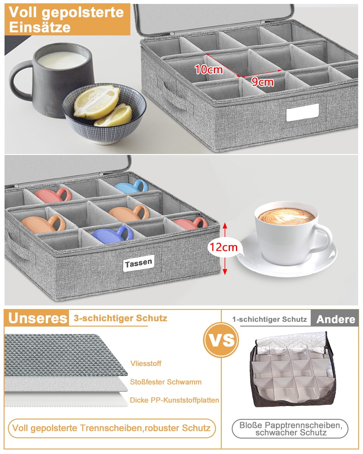 VERONLY Lot de 2 porte-tasses à café avec partition, rangement avec couvercle et poignées, boîte de rangement pliable pour 24 tasses à café, mug, tasses, empilables