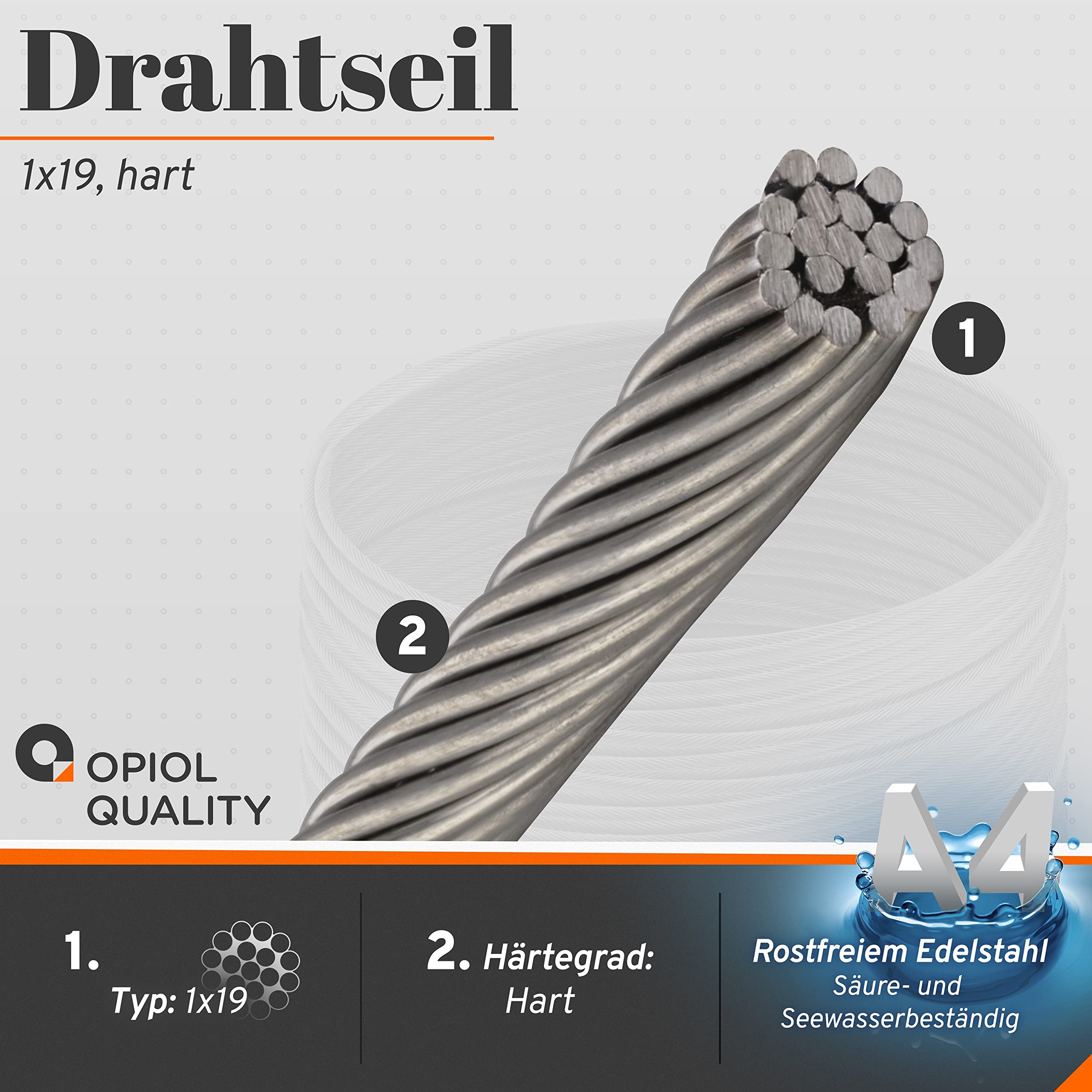 2,0 mm Drahtseil 1x19 hart, Edelstahl A4 (100 Meter) Stahlseil Zubehör Draht Edelstahldrahtseil Geländerseil Hängender Drahtspule Seile Spannseil