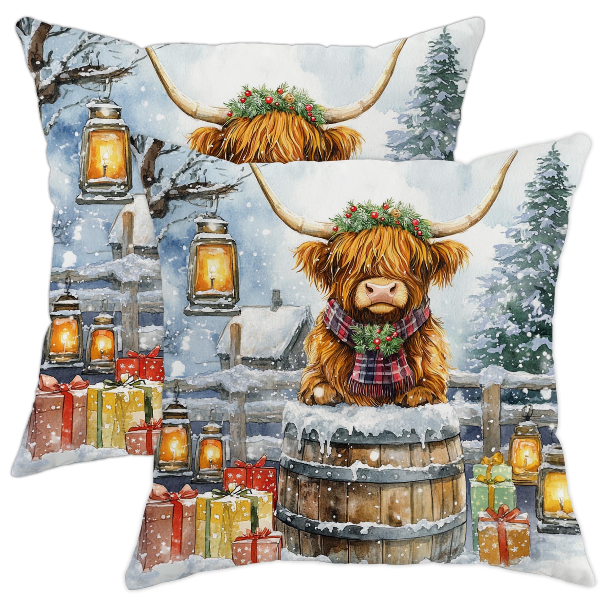 Winter Highland Cow Pillow Covers Set of 2, Festive Christmas Home Decor Cushion Cases, Snowy Scene Decorative Farmhouse Throw Pillows for Sofa Bed Couch 20x20 Inch