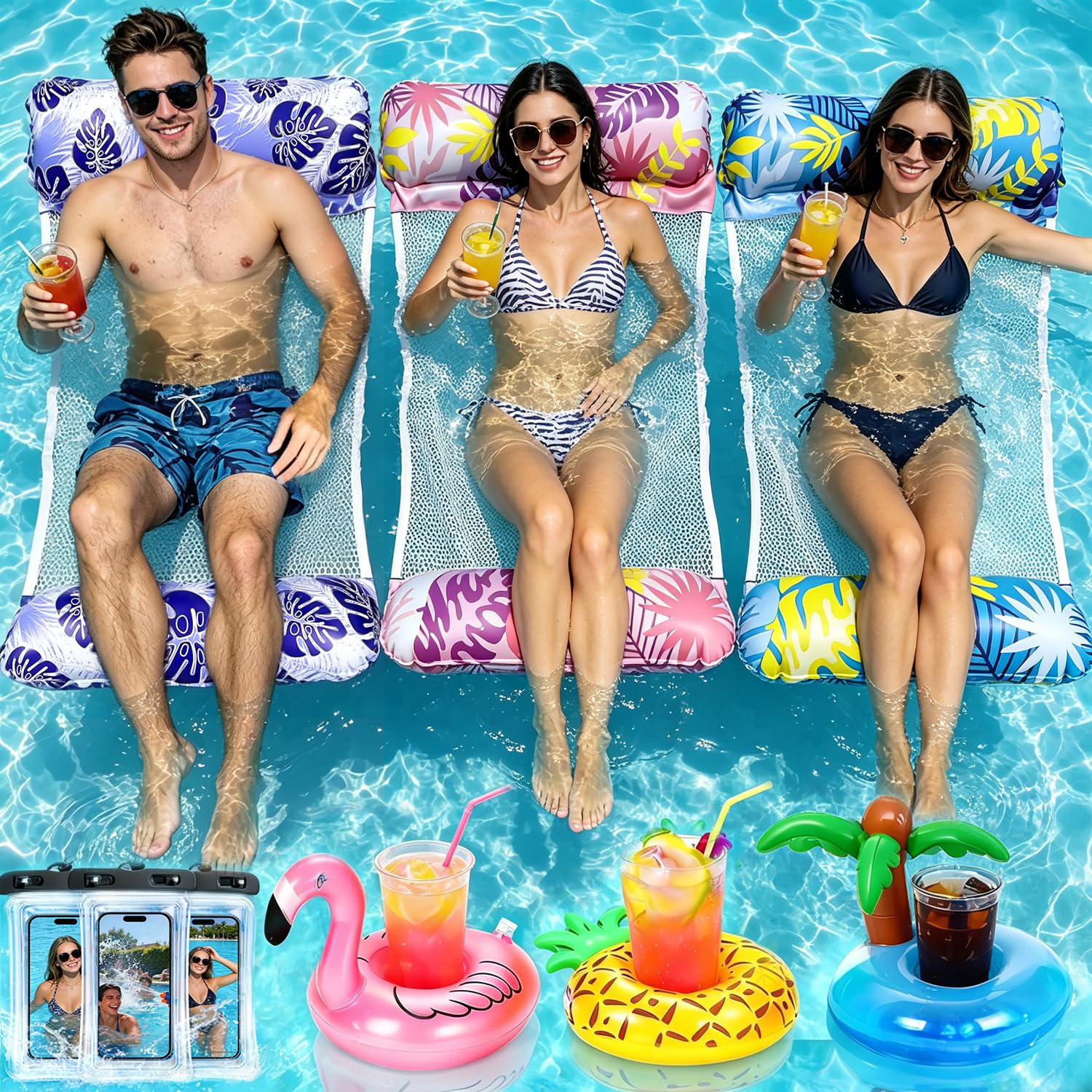 Amaza 3 Pack Inflatable Pool Floats, 4 IN 1 Pool Inflatables for Adults, Swimming Pool Floats Hammock with Inflatable Drink Holder Waterproof Phone Pouch, Pool Toys Set for Pool Beach Summer Holiday