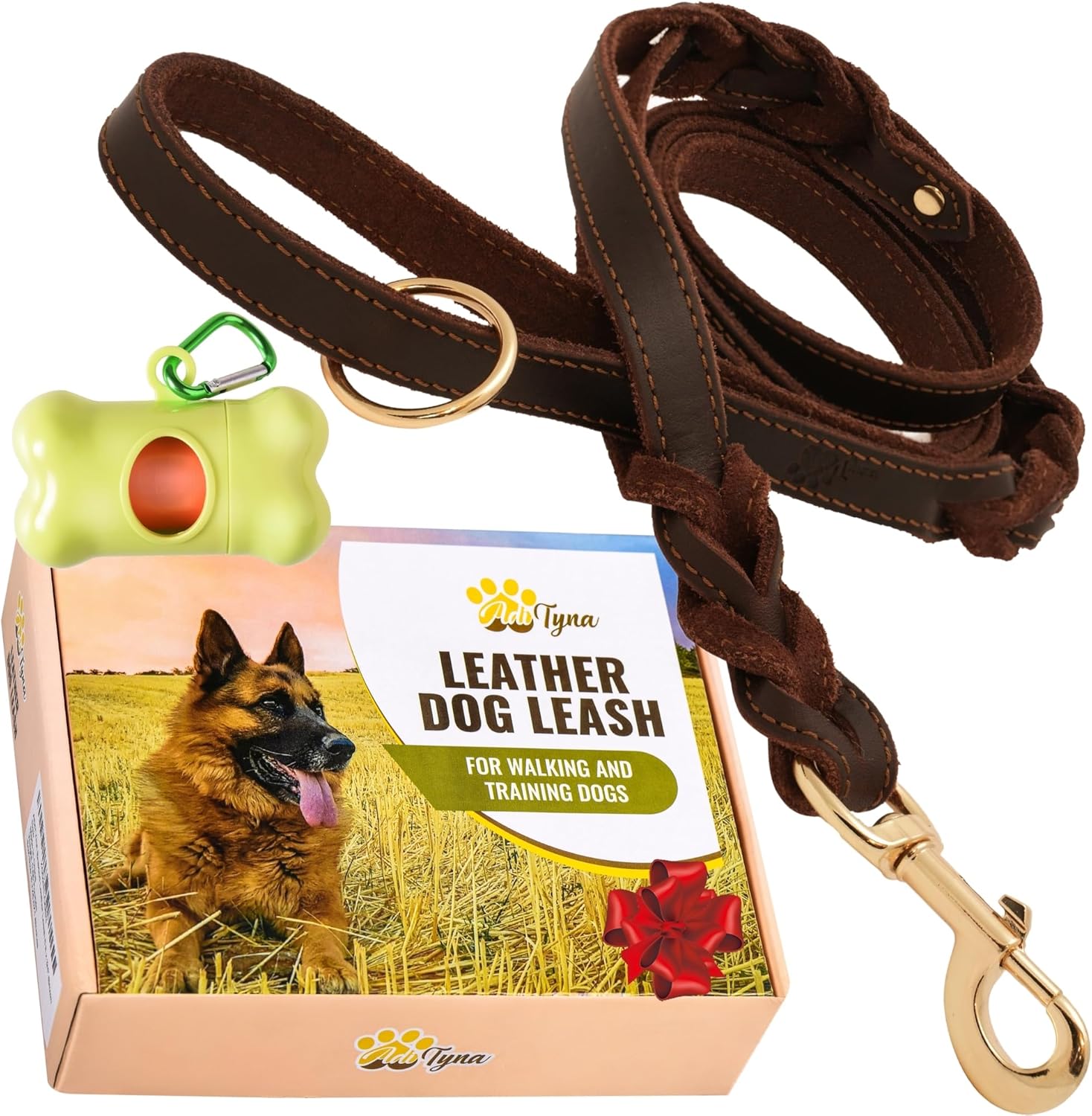 ADITYNA - Double Handle Leather Dog Leash 6ft - Heavy Duty Braided Dog Leash with Traffic Handle for Mastiff, Saint-Bernard, Rottweiler - Lead for Extra-Large Breeds (Black, Two Handles 6 Foot x 1")