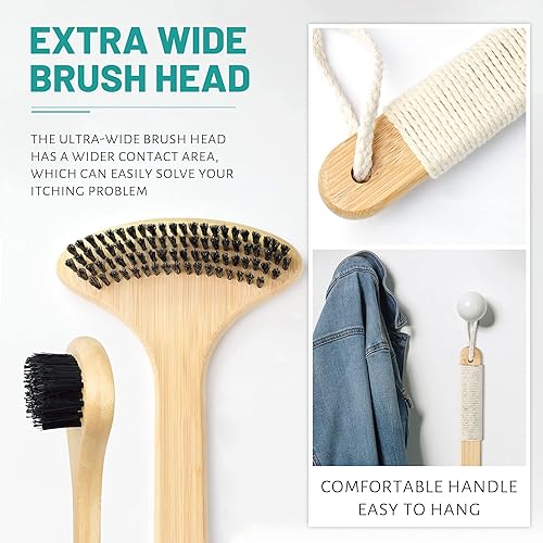 Miniatura 6 de Rascador de espalda de bambú, rascador de cuerpo de gran tamaño con mango largo curvado de 22 pulgadas y cabezal ancho 2 en 1 para rascarmasaje,