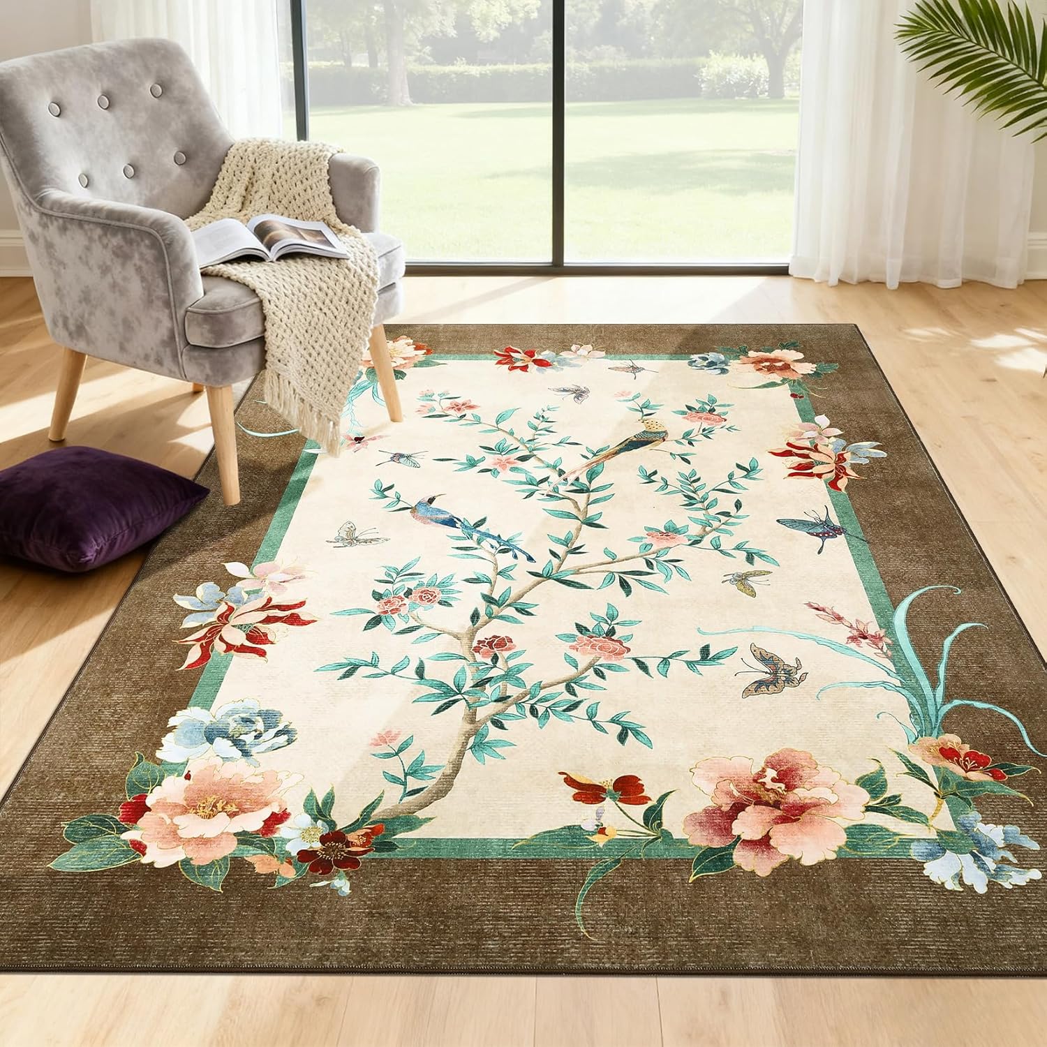 GarveeHome 6x9 Area Rugs Chinoiserie-Style Washable Rug 6x9 Oriental Colorful Butterfly Birds Floral Rug Non Slip Low Pile for Kids Living Room Bedroom Nursery Dining, Yellow
