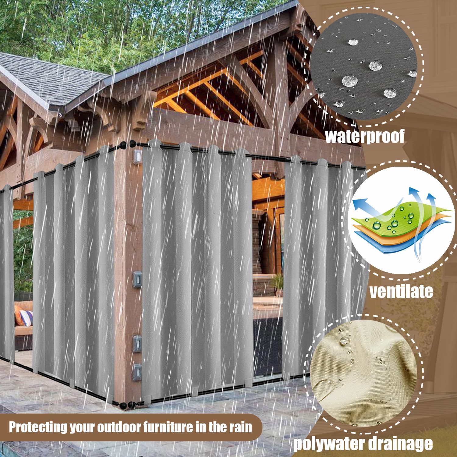 Outdoor Vorhang Wetterfest mit Ösen, 210x180CM, Sichtschutz Sonnenschutz Outdoor Gardine, ardinen Sichtschutz, Sonnenschutz Gardine für Pavillon Terrasse Pergola, Hellgrau