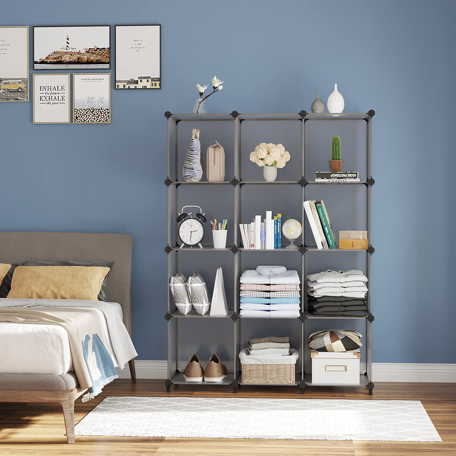 Condition photo showing New/Like New for awtatos cube storage organizer 12 cube modular storage bookshelf diy plastic closet storage shelf, stackable storage shelving rack, ideal storage solution for home, office, bedroom, grey ulpz022