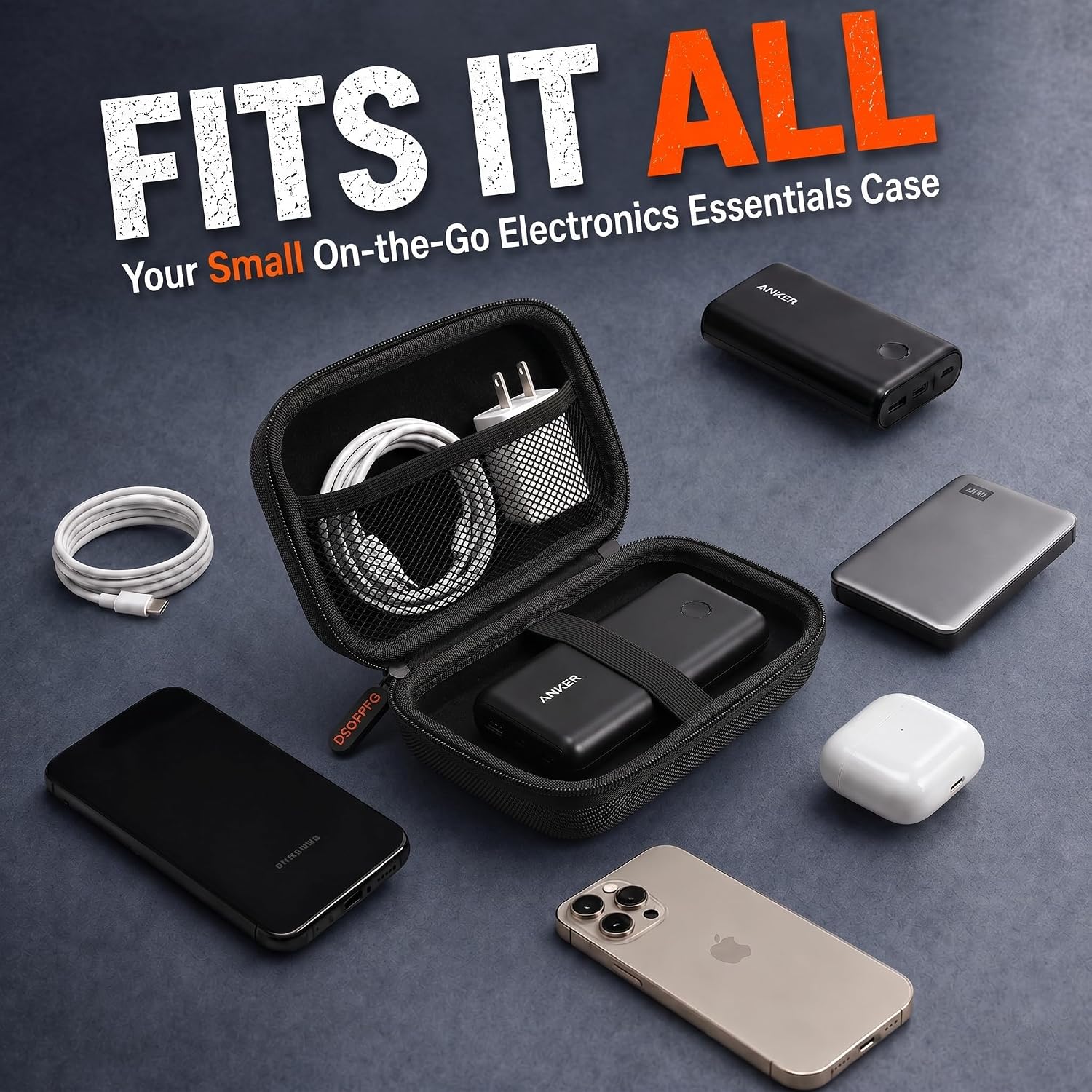 Small Hard Shell Zipper Case - Protective EVA Carrying Case - Universal Portable Storage Travel Pouch Bag for Power Bank, External Hard Drive, Charger, Cell Phone, USB Cable, Electronic Accessories