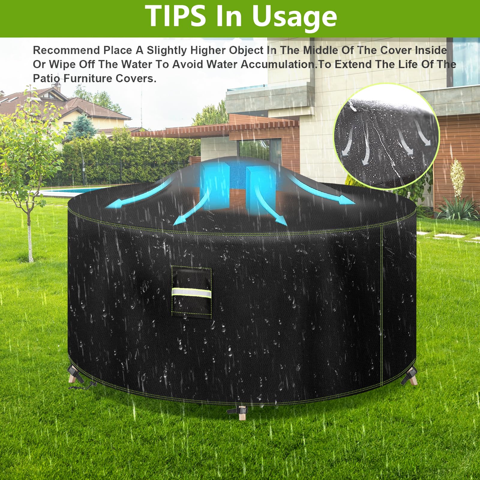 VDISRR Housse Table de Jardin, 600D Tissu Oxford Housses pour Mobilier Ø130 x 71 cm, Bâche Salon de Jardin avec Grilles D'aération, Imperméable, Coupe-Vent, Anti-UV Couverture de Protection Meubles