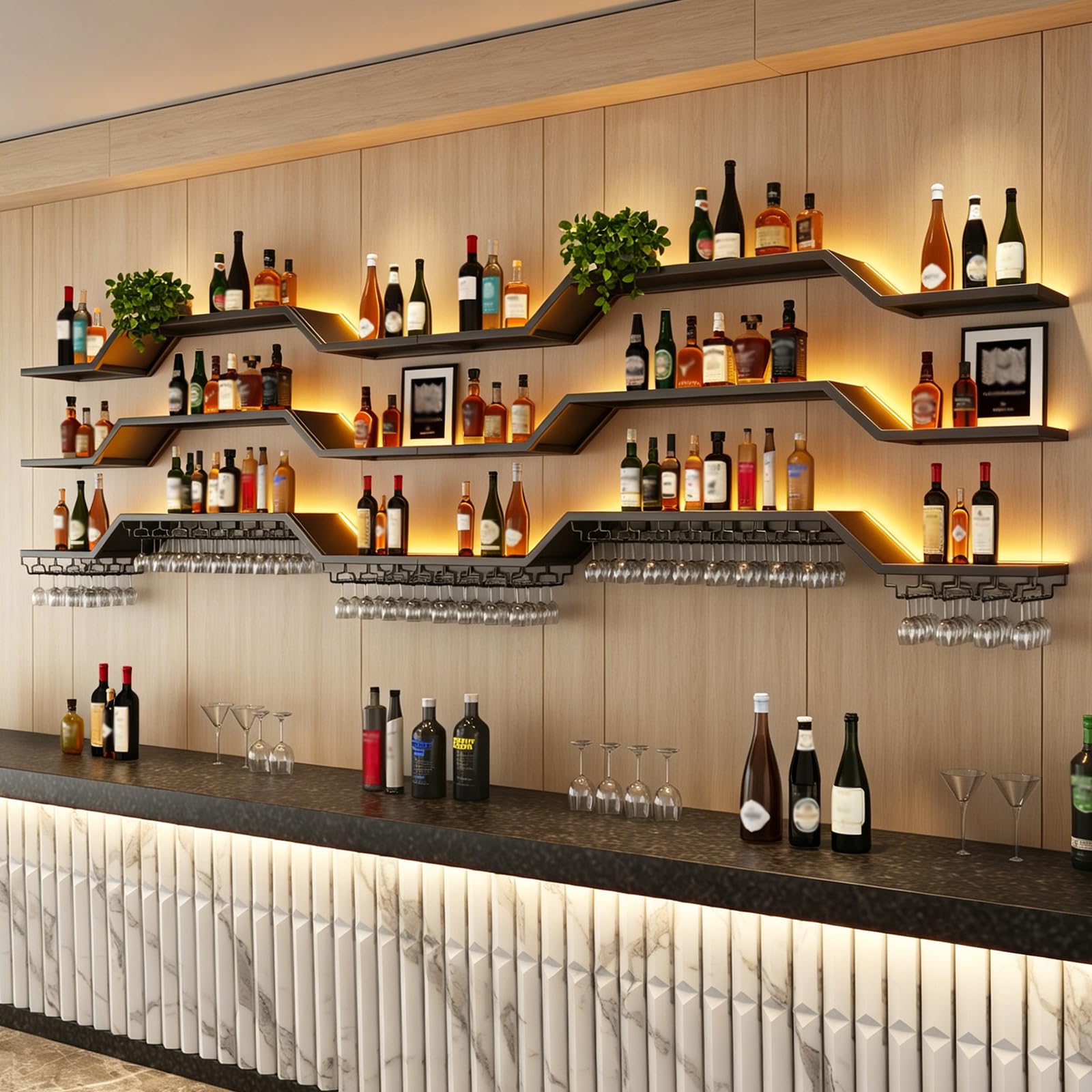 3 Livelli Portabottiglie Da Parete in stile Led industriale (nero, 160cm) | moderno porta vino in metallo con portabicchieri, espositore per bottiglie di vino in metallo, per cucina, bar, caffetteria