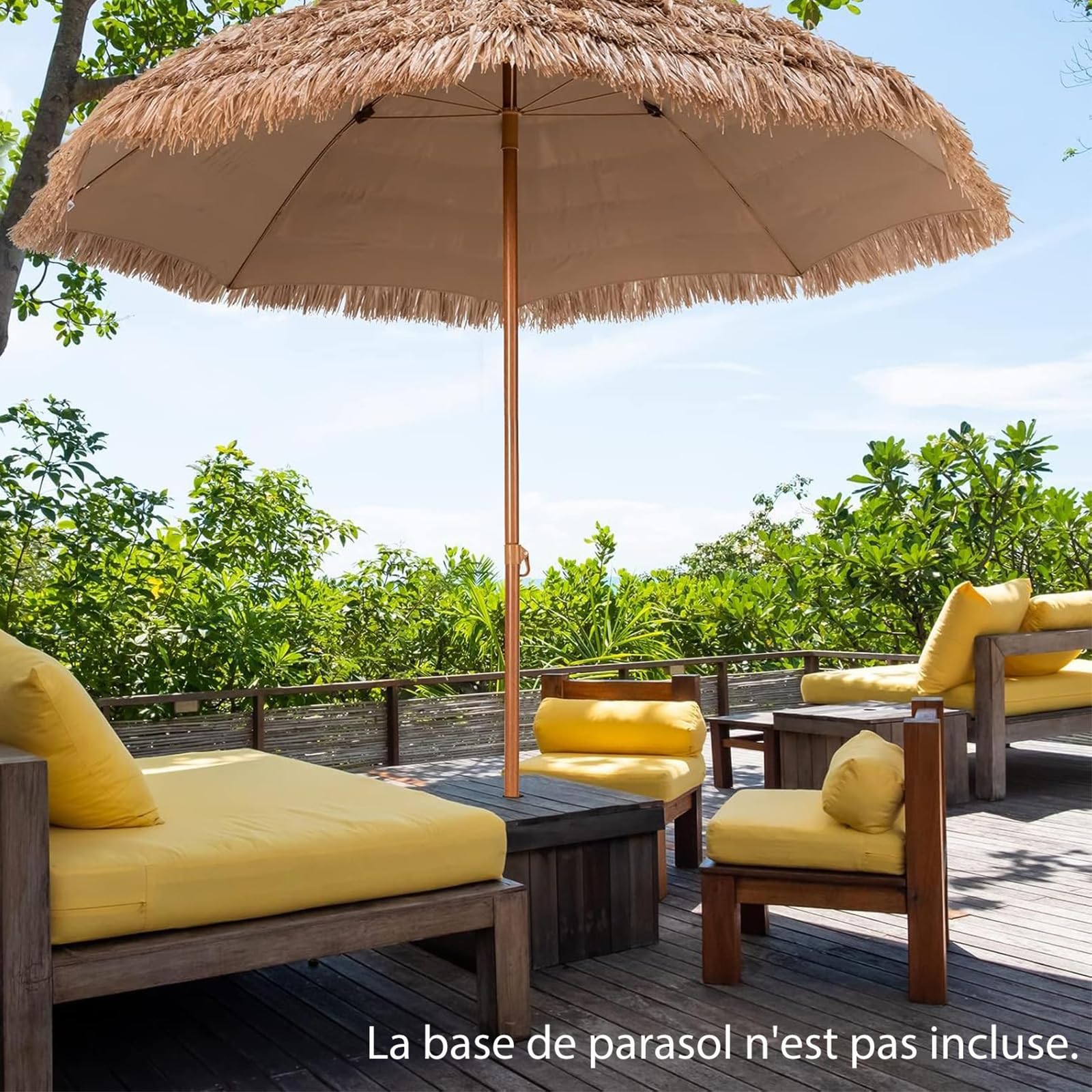 GOPLUS Parasol de Jardin Exterieur en Chaume PP, 2,4M Parasol Paille de Style Hawaïen Tropical avec Toit, 8 Baleines, 7 Couches, Anti-UV, pour Plage Patio Terrasse, Base Non Inclus