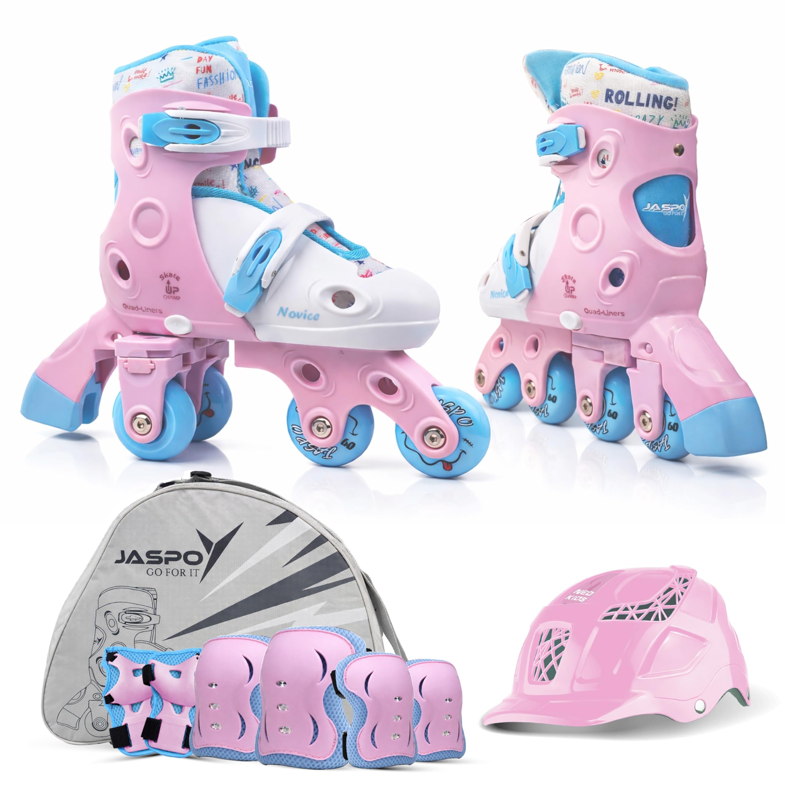 Jaspo Novice 2-in-1 Kids Roller Skates Combo– Inline to Quad Convertible | Adjustable Size | PU Wheels | Fiber Body | Lightweight & Comfortable Skating Combo (Pink) (UK Junior 9 - UK Junior 12)-image-21