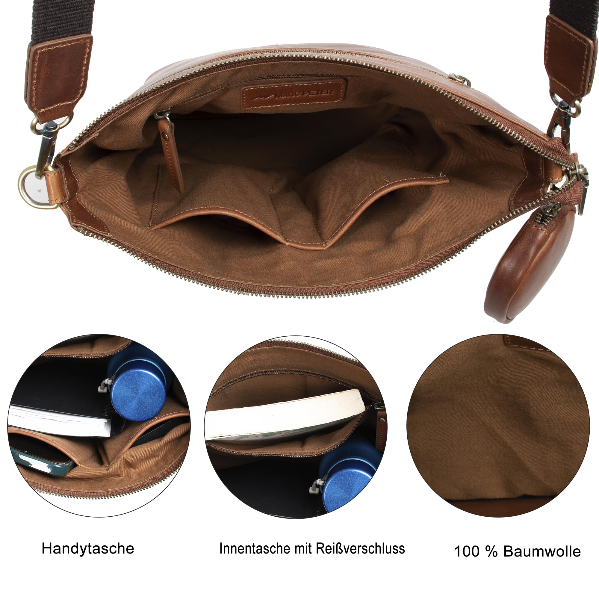 Marc Peter Borsa a tracolla in pelle da donna, borsa a tracolla, vera pelle, borsa a tracolla per uso quotidiano e ufficio