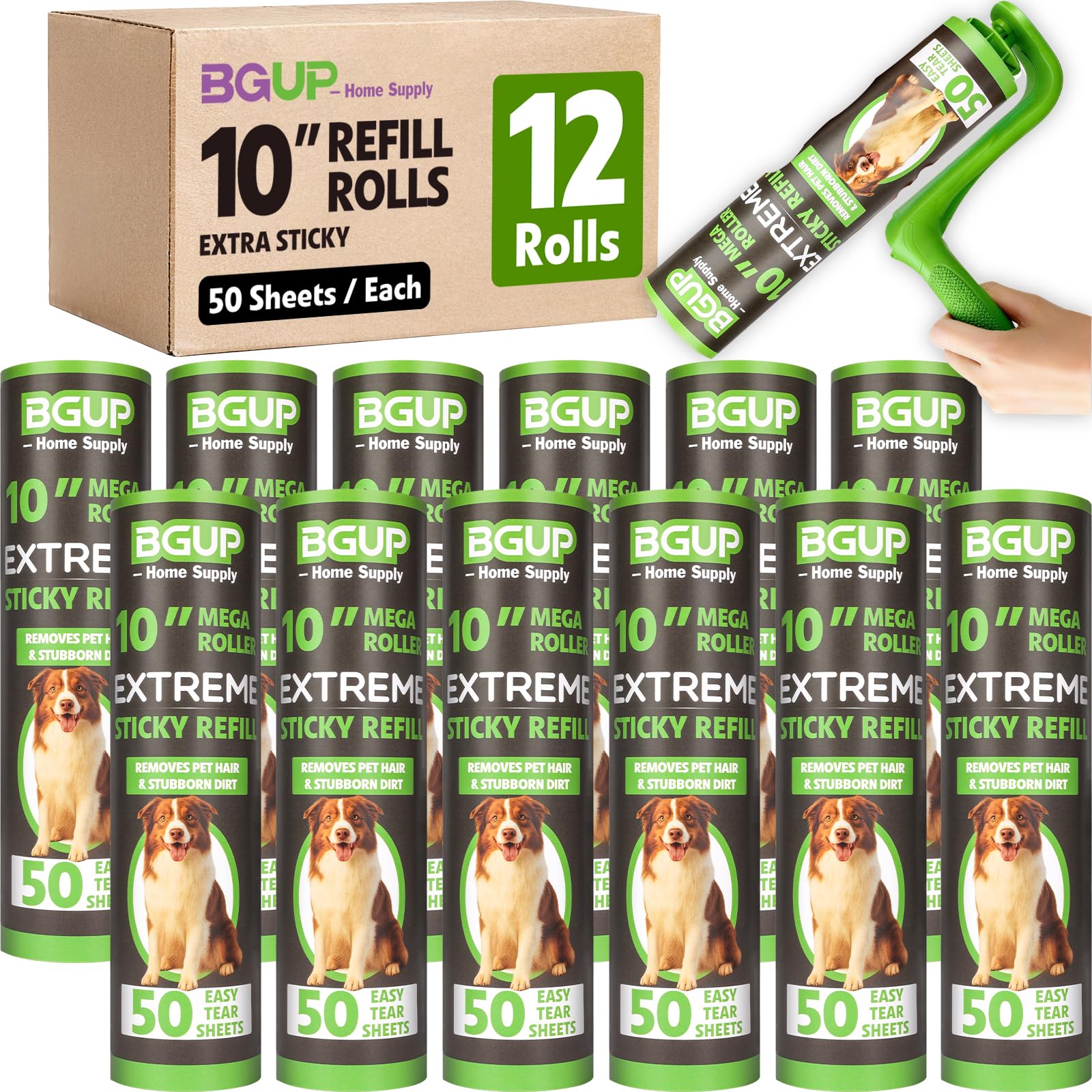 Fusselroller-Nachfüllpackungen, 25,4 cm, 12 Rollen, 300 Blatt, große Fusselrollen für Tierhaare, extra klebrig, entfernen leicht Teppiche, Kleidung, Couch und Vorhänge, Staub (Fusselrollengriff
