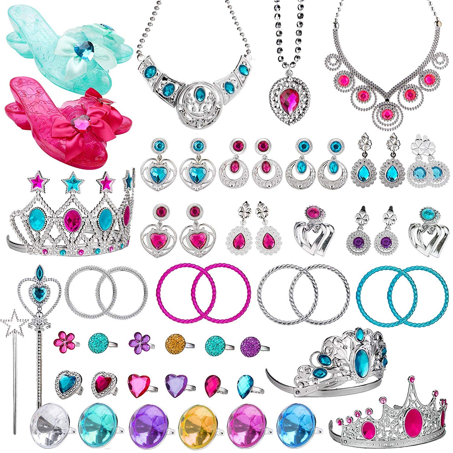 WATINC 58Pcs Princess Pretend Jewelry Toy,Girl’s Princess Jewelry Cosplay Favors Girls Dress Up Party Favor Jewelry Sets with Princess Crowns,Wands,Rings,Earrings,Shoes and Bracelets for Birthday Party Favor Decorative Gift