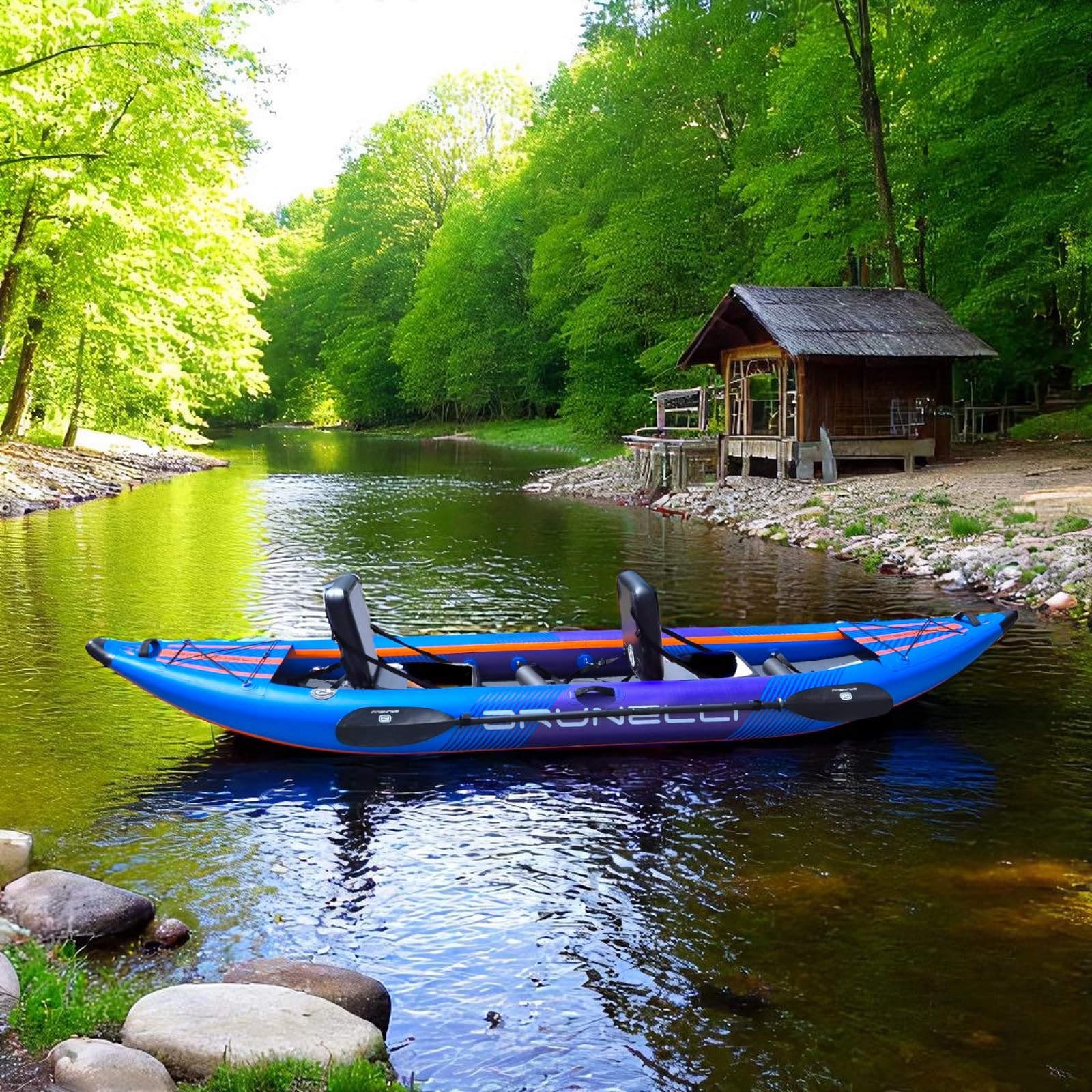 Brunelli 2 Personen Kajak aufblasbar Komplettset Drop-Stitch Kanu Kayak Tour Paddelboot blau