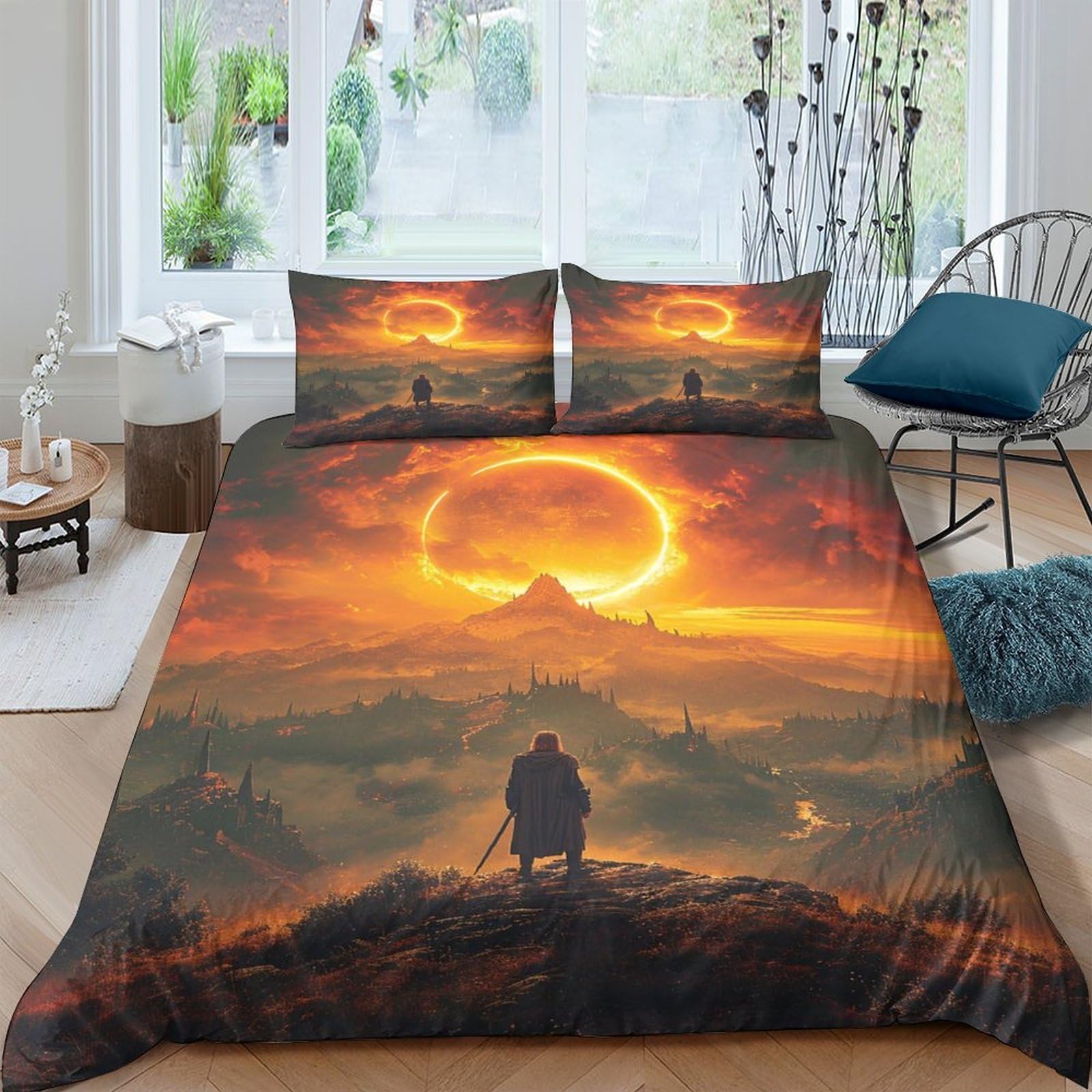 GPLZQXKJNH 3D Printed Sunset Fantasy Duvet Cover Microfiber Soft Breathable Epic Landscape Bedding Set with 2 Pillowcases for Bedroom Decor Single（135x200cm）