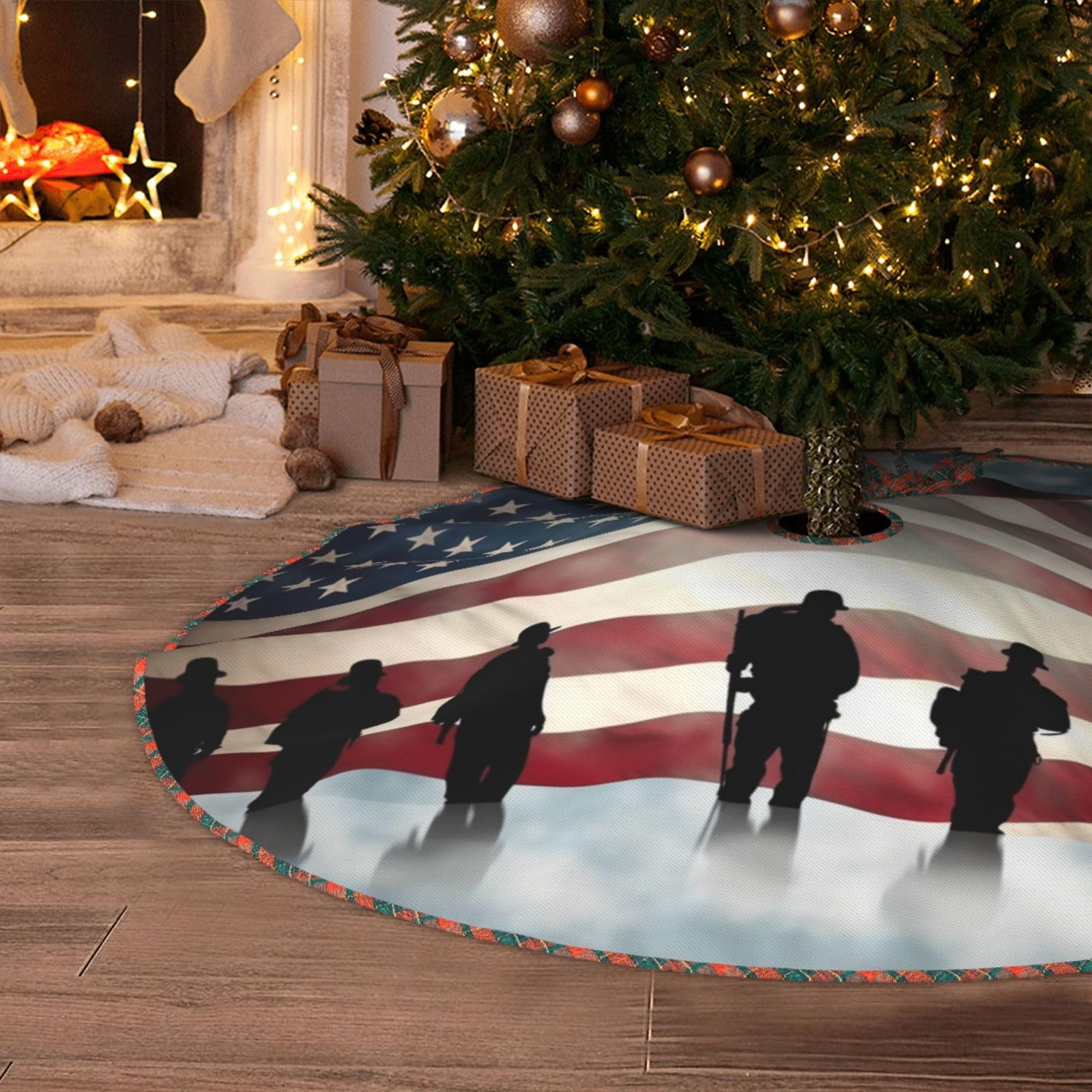 American Flag Veterans Day Christmas Tree Skirt 36" Artificial Tree Mat Cover Merry Christmas Burlap Xmas Tree Skirt for Christmas Decoration Holiday Indoor Outdoor Winter Party Decor